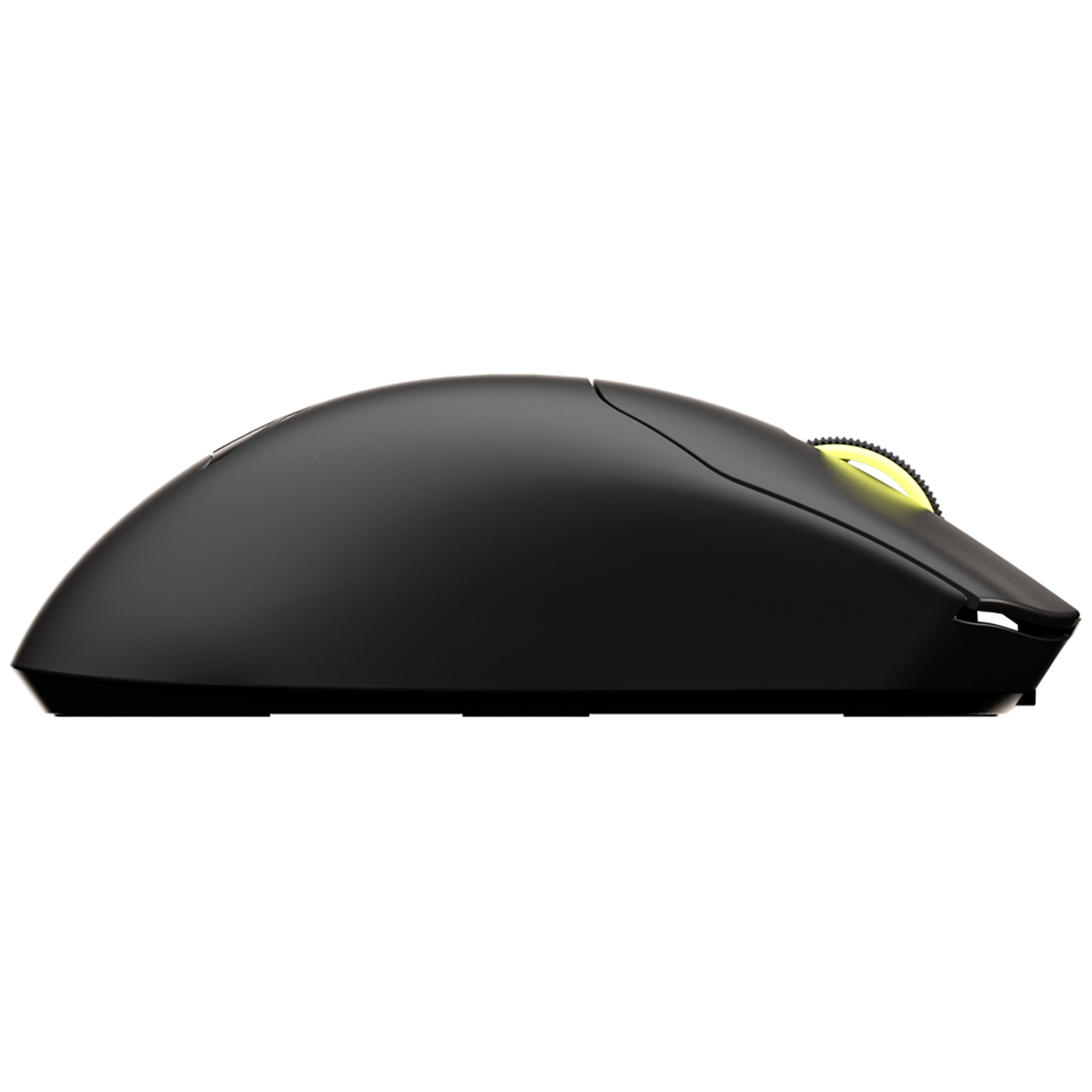 Black computer mouse with a yellow scroll wheel. The mouse is on a white background.