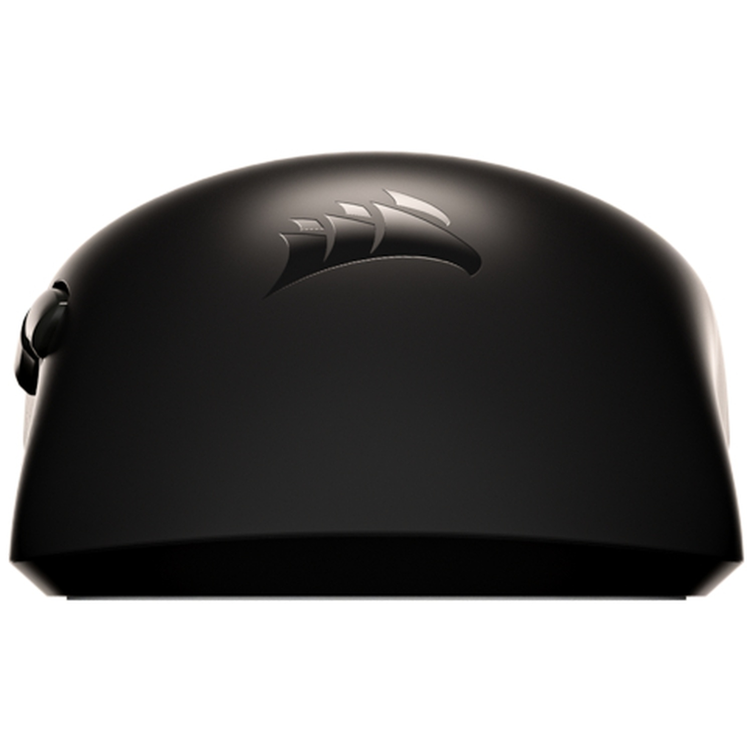 A black computer mouse with the Corsair logo. It has a curved design, a scroll wheel, and buttons. The background is white.