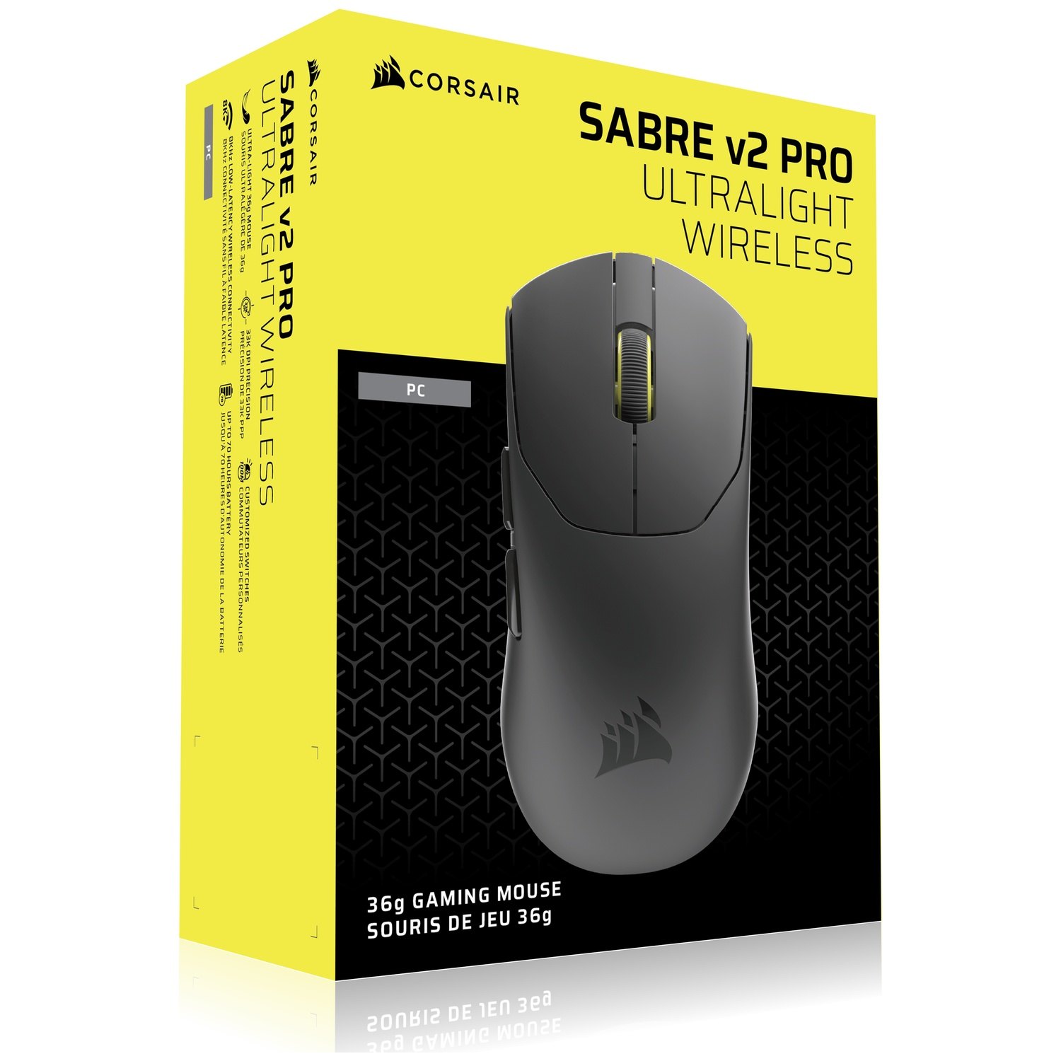 A Corsair Sabre V2 Pro ultralight wireless gaming mouse on its box. The box is yellow and black, with the mouse centered.