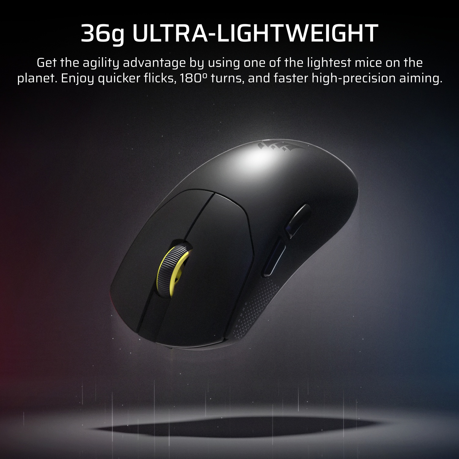 Black and yellow gaming mouse on a gradient background with text: 36g ULTRA-LIGHTWEIGHT. It promises agility and fast aiming.