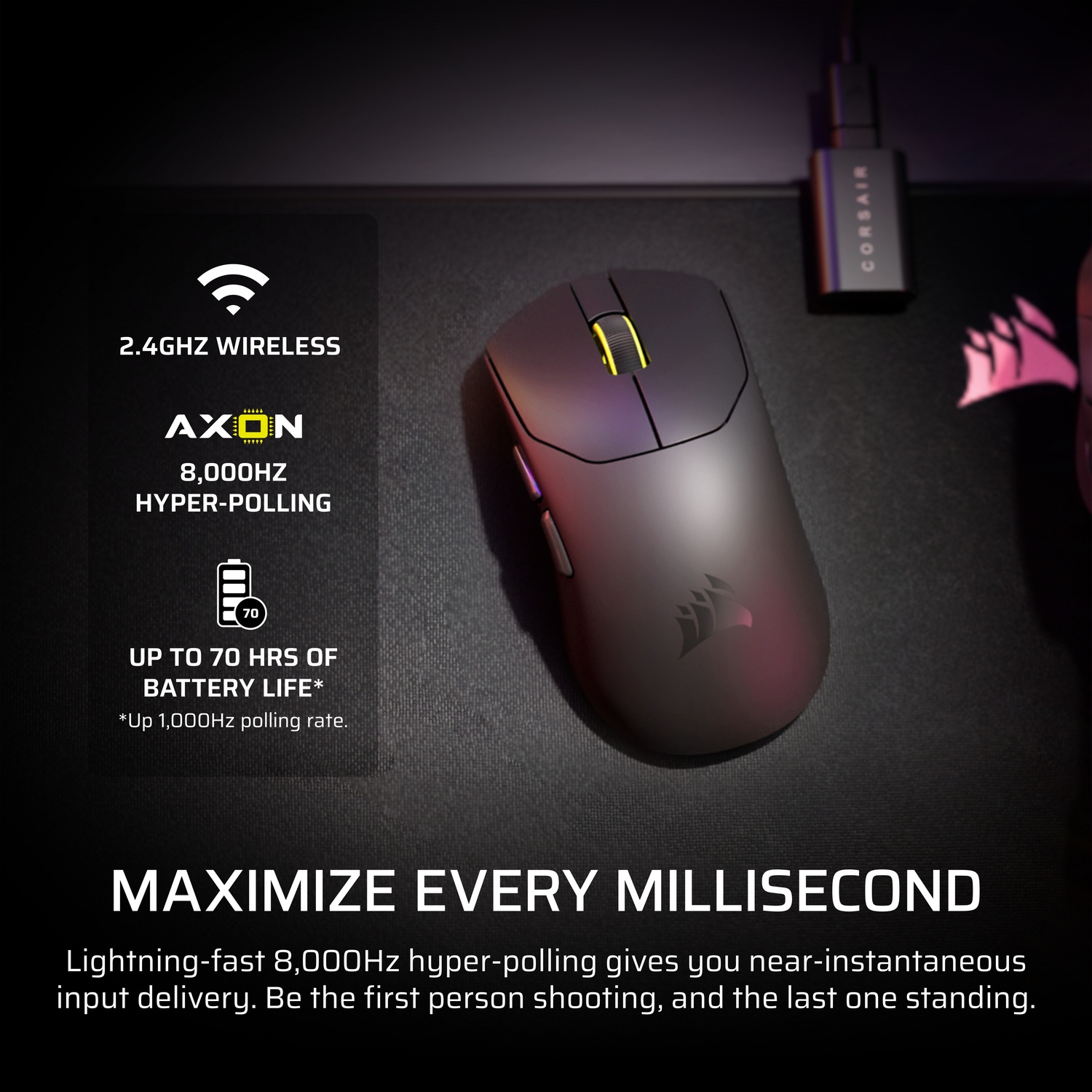 A black gaming mouse with a yellow scroll wheel, wireless features, and a Corsair logo, placed on a black surface with text.