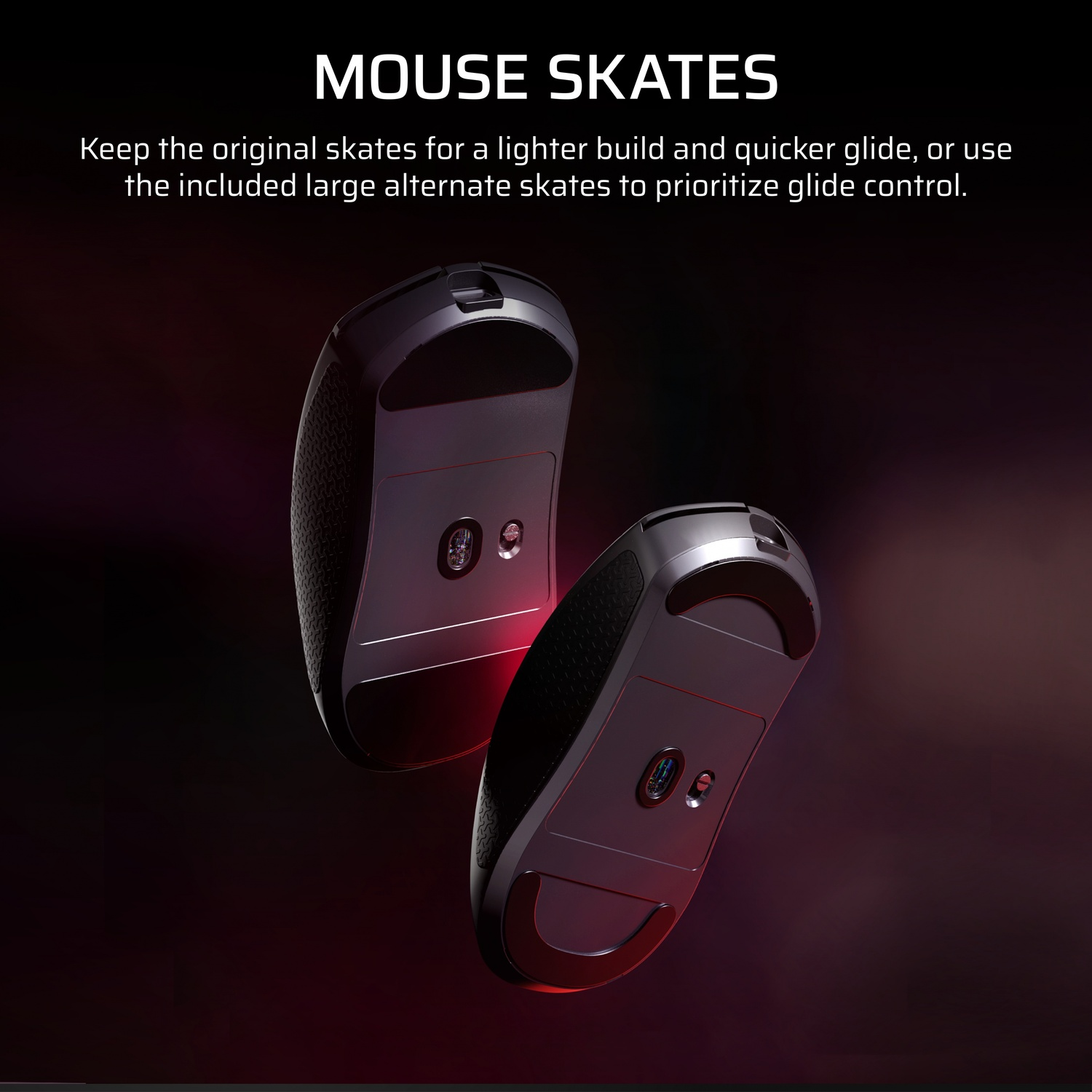 Two black computer mice hover in the air, bottom view. The mice are against a dark red background, with the title 'MOUSE SKATES'.