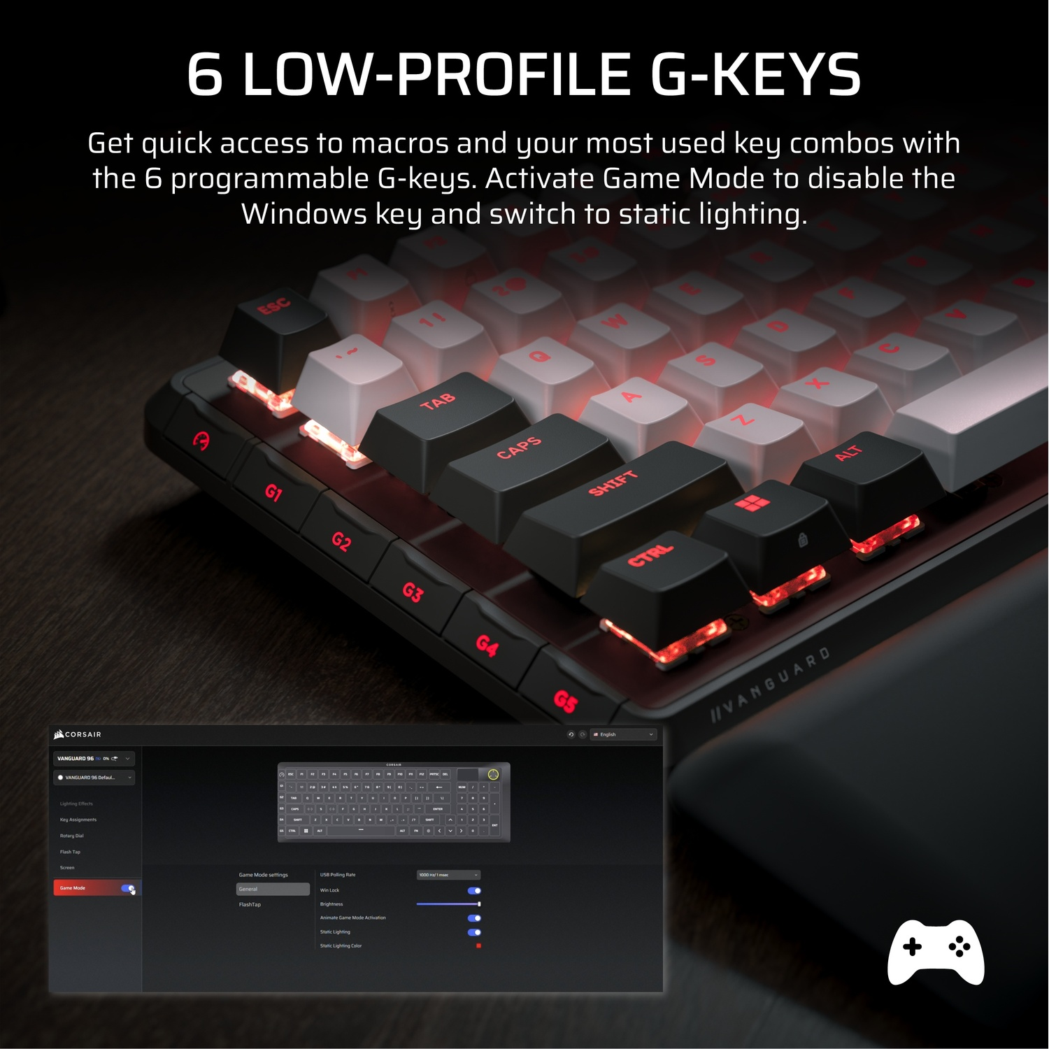 Een gamingtoetsenbord met rood verlichte toetsen en een bedieningspaneel op een donkere achtergrond. Het toetsenbord toont de G-toetsenfunctie.