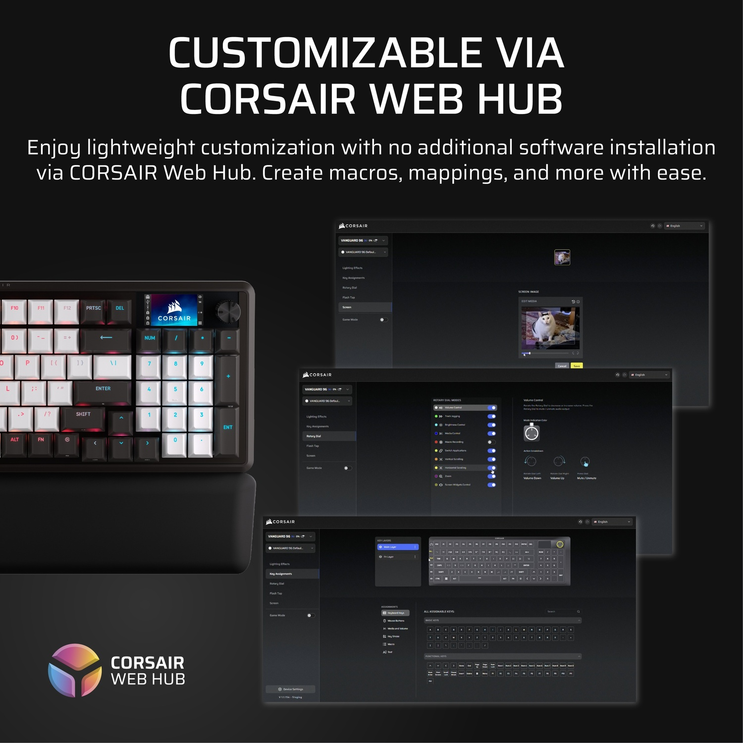 Afbeelding toont een zwart toetsenbord met een scherm dat een kattenafbeelding weergeeft, met aanpassingsopties via de Corsair Web Hub.