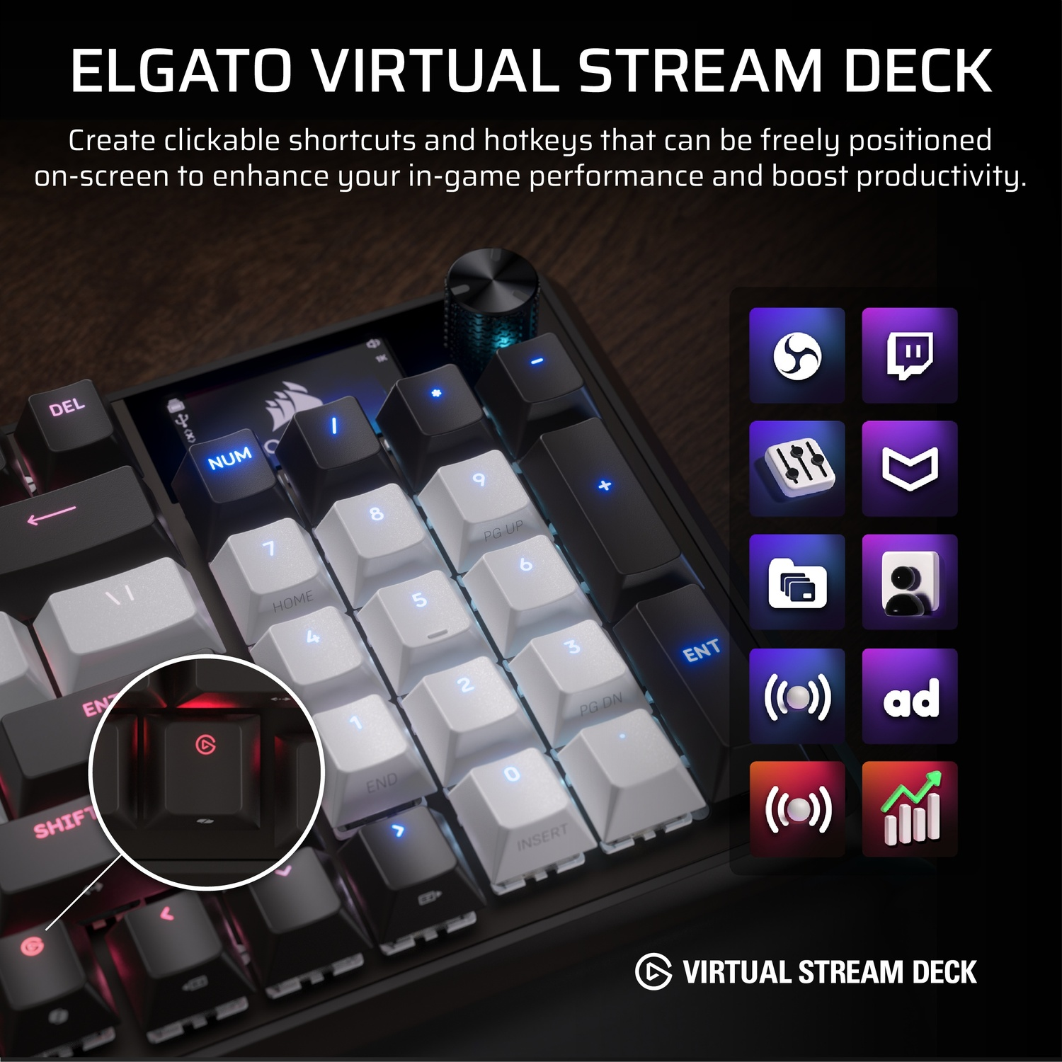 Un clavier avec des touches blanches et noires. Le logo Elgato Virtual Stream Deck est bien visible. Des icônes d'applications de streaming sont visibles.