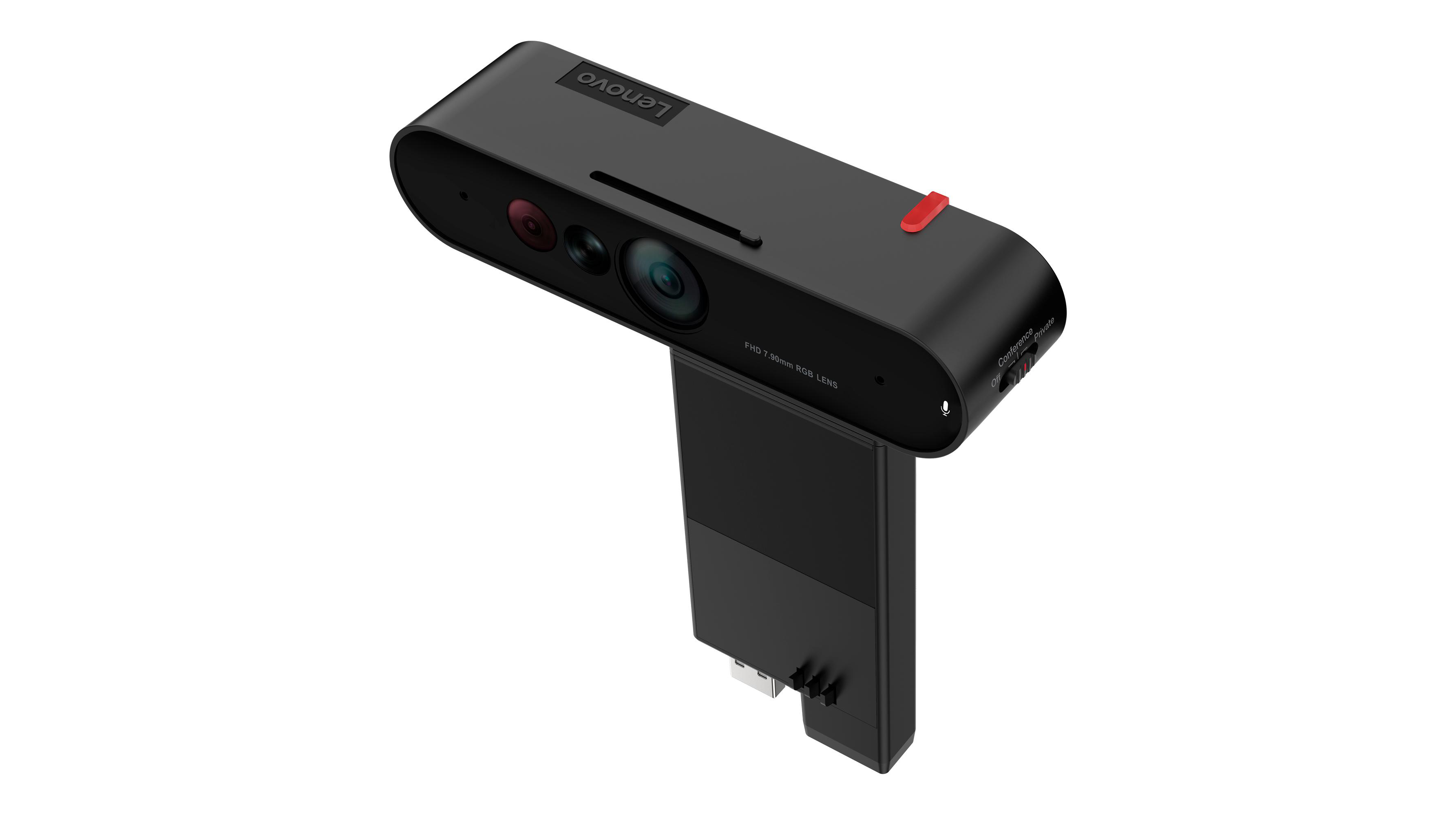 Eine schwarze Lenovo-Webcam mit roter Taste, mehreren Objektiven und angebrachter rechteckiger Basis. Sie befindet sich auf weißem Hintergrund.