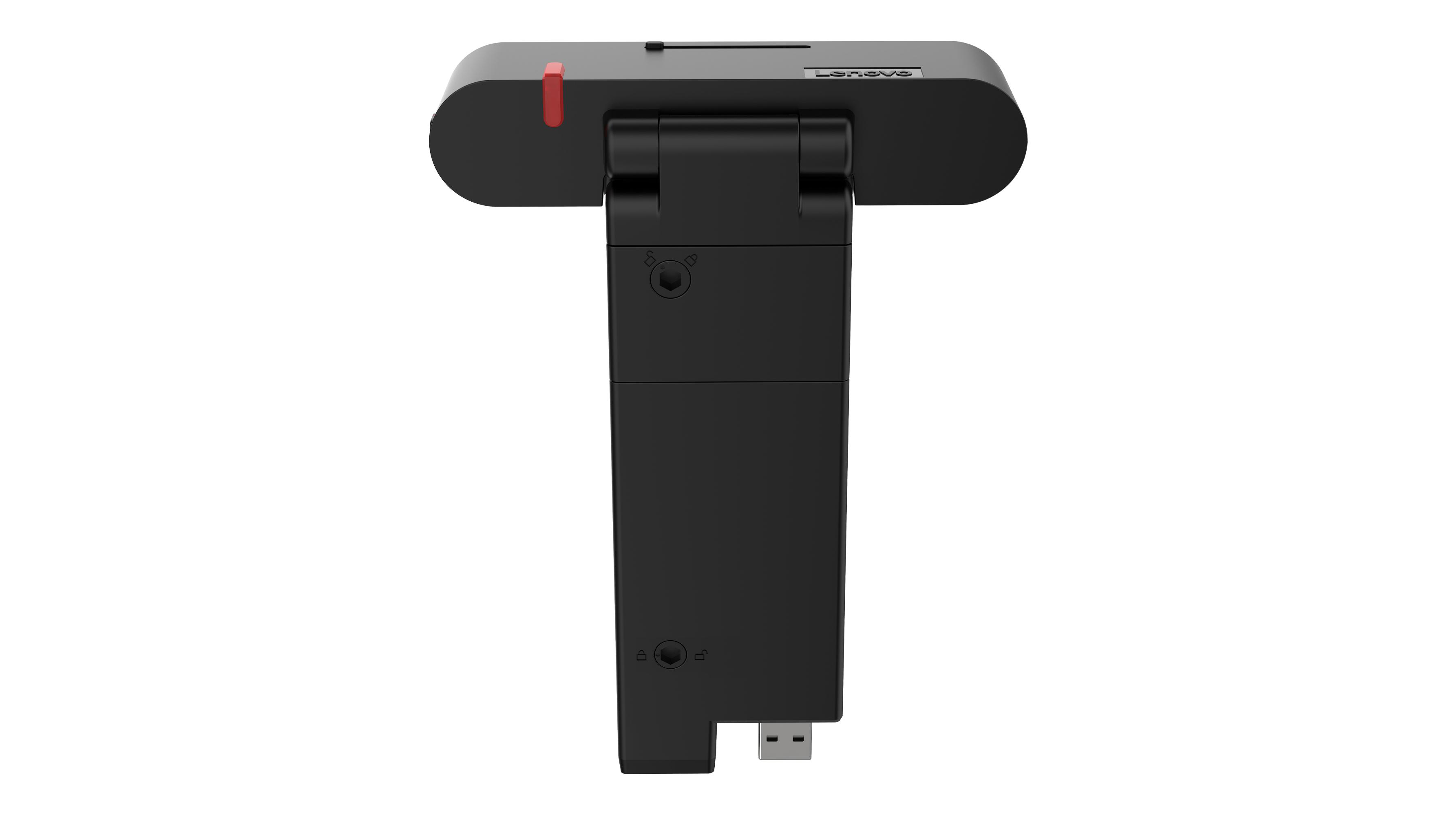Eine schwarze Lenovo-Webcam. Sie hat einen roten Schieberegler, Anschlüsse und einen USB-Anschluss. Der Hintergrund ist weiß.