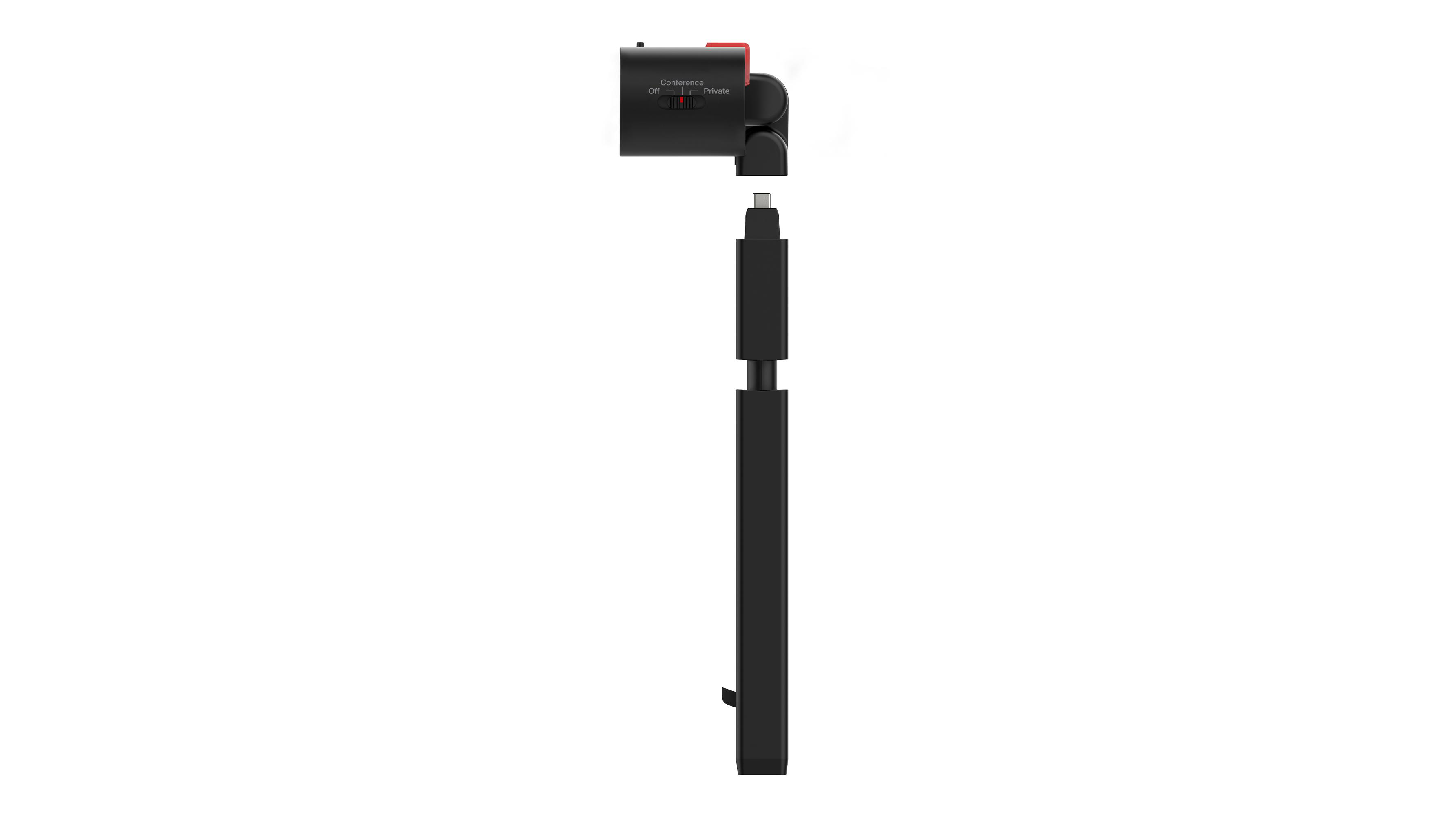 Schwarzes Gerät mit roter Oberseite und USB-C-Anschluss. Mit Schalter für Konferenz, Aus und Privat. Langer, schwarzer Körper.