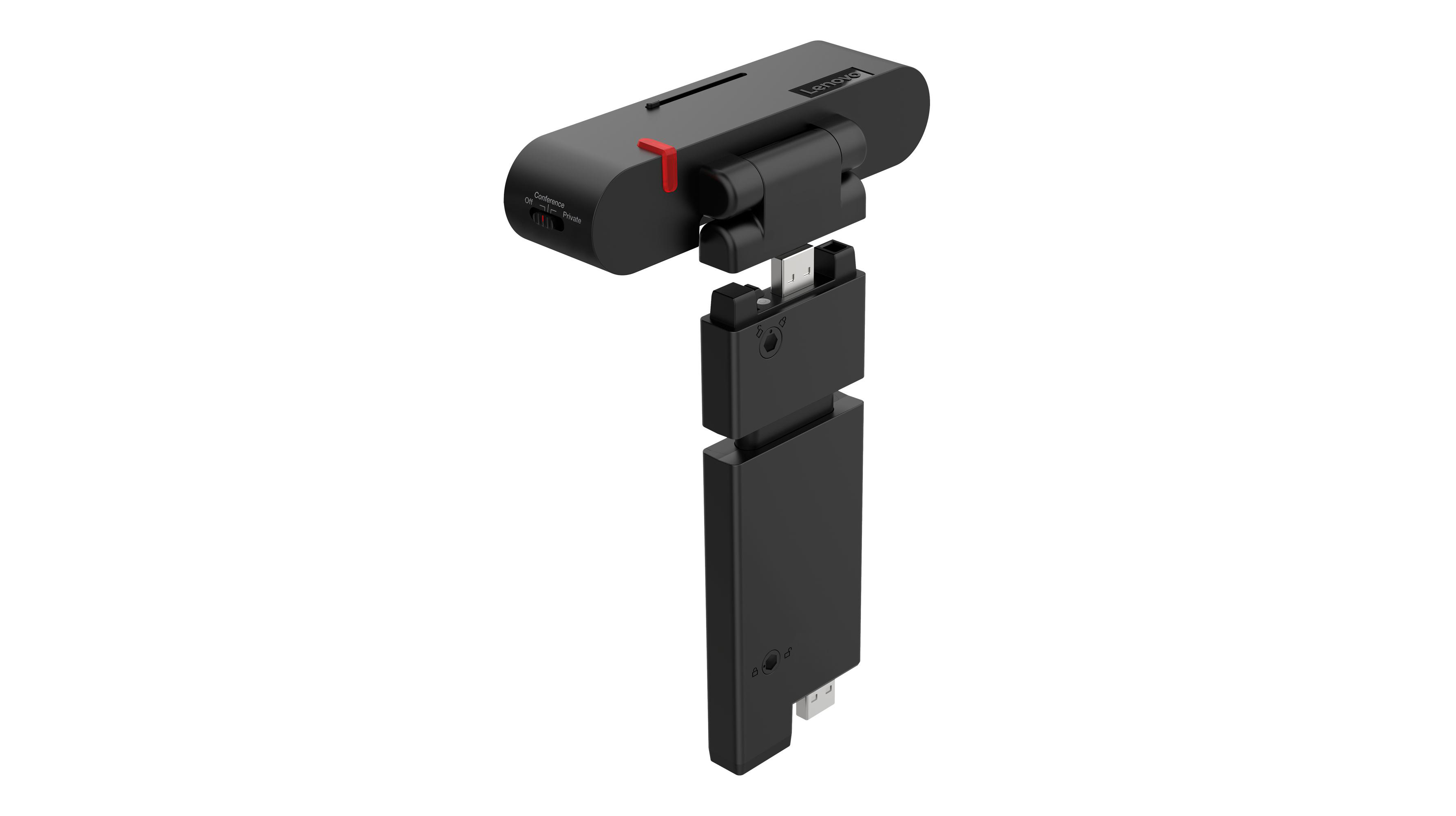 Schwarze Lenovo-Webcam mit roten Akzenten, einem Schieberegler und mehreren Anschlüssen. Die Webcam ist mehrteilig.