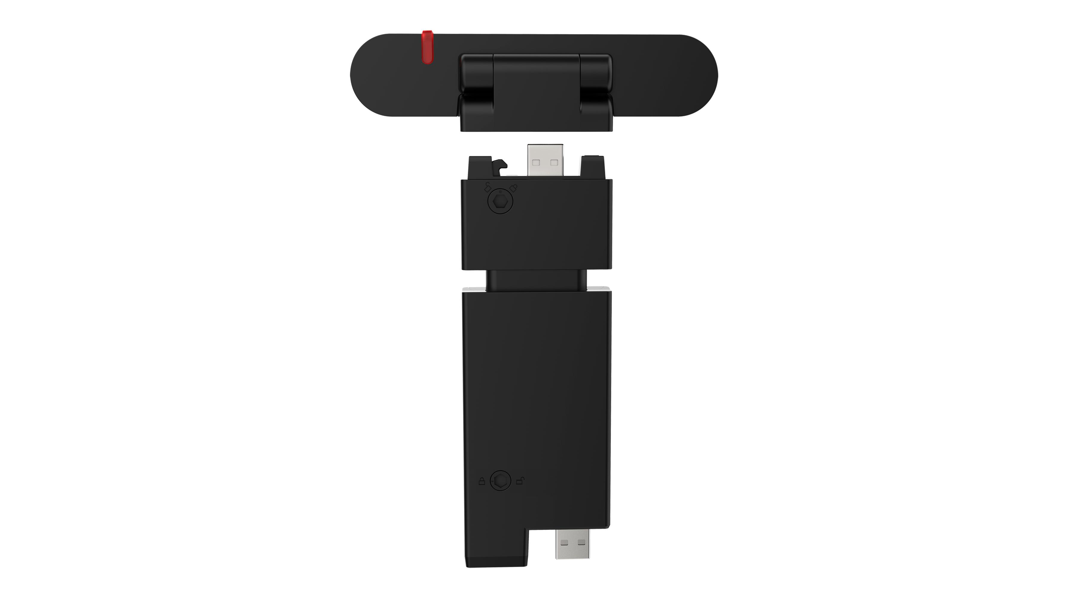 Ein schwarzes Gerät mit USB-Anschluss und einem Oberteil. Das Oberteil hat einen roten Akzent. Alles auf weißem Hintergrund.