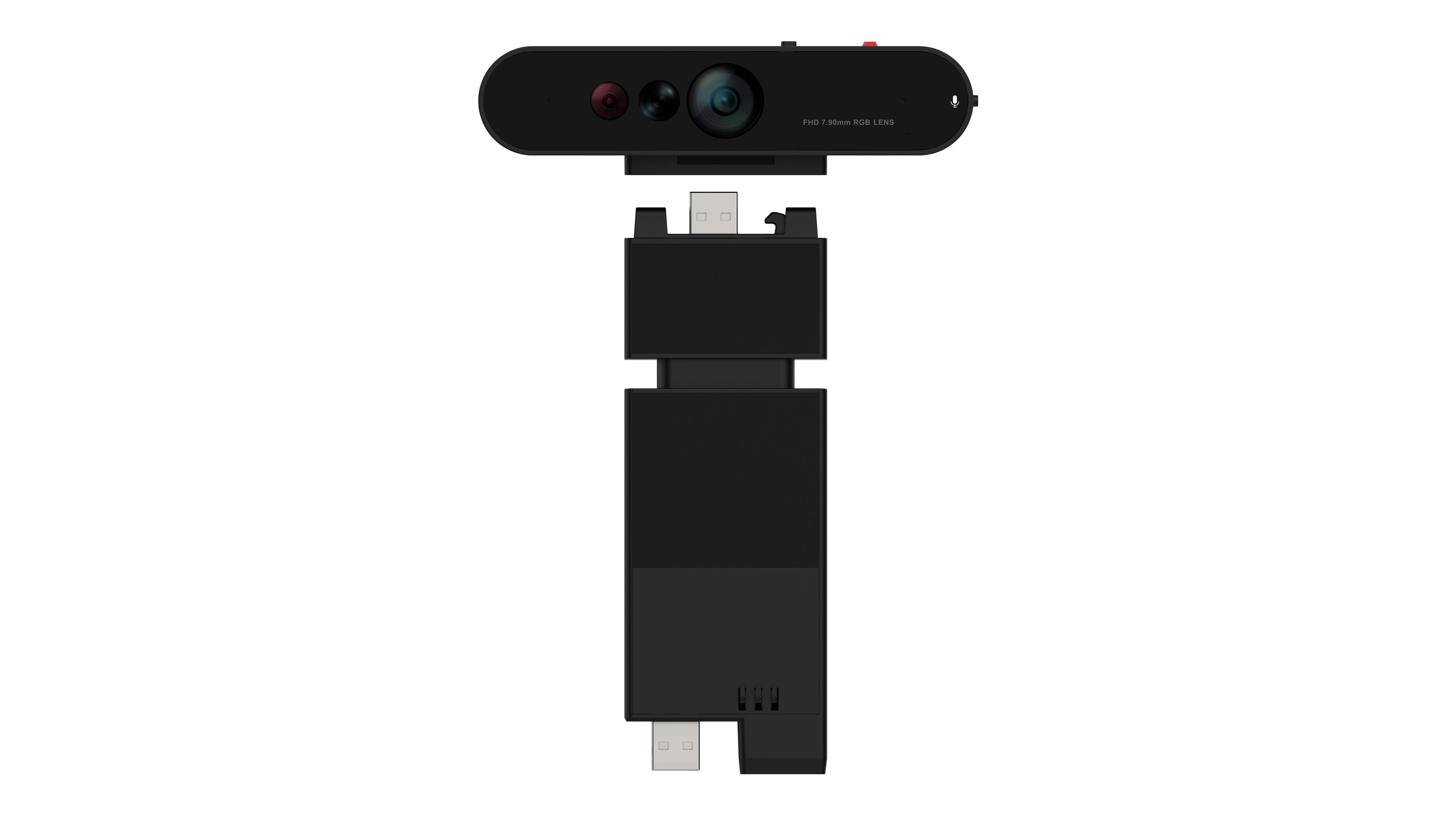Eine schwarze Webcam, getrennt von einem schwarzen Ständer. Die Webcam hat Linsen und ein Mikrofon. Der Ständer hat einen USB-Anschluss.