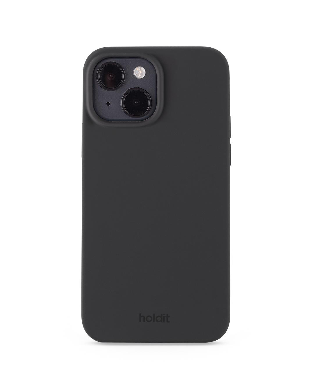 Eine schwarze iPhone-Hülle mit einem Ausschnitt für eine Dual-Objektiv-Kamera. Am unteren Rand ist die Marke 'holdit' aufgedruckt. Der Hintergrund ist weiß.