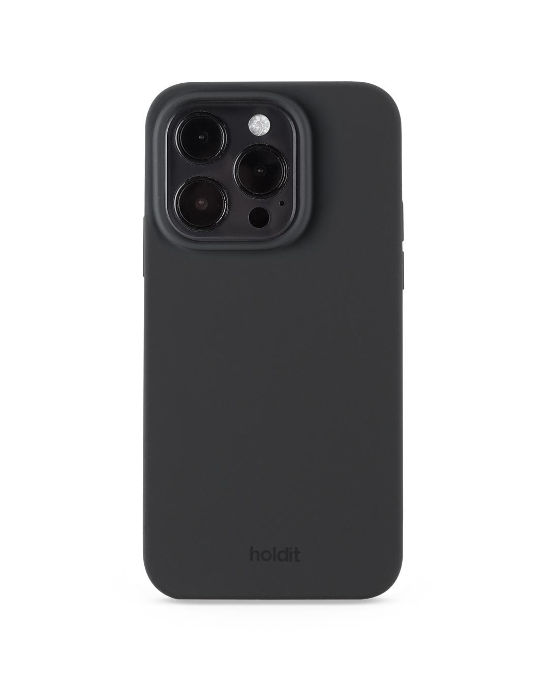 Eine schwarze Smartphone-Hülle mit Kameraerhöhung. Der Markenname 'holdit' ist unten aufgedruckt. Isoliert auf weißem Hintergrund.