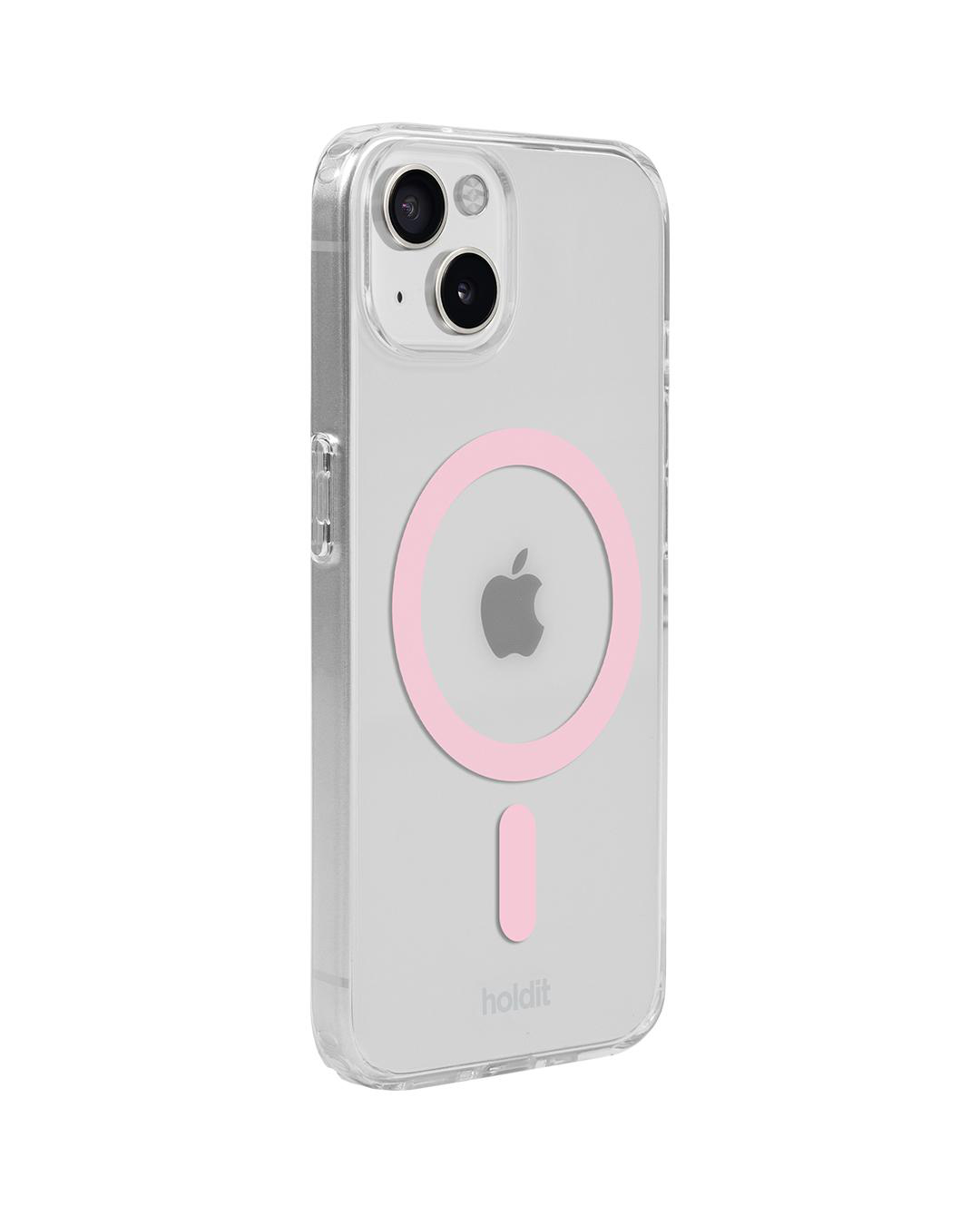 Transparente Handyhülle mit rosa Akzenten. Sie hat ein rosa kreisförmiges Design und einen rosa Balken. Das Apple-Logo ist sichtbar.
