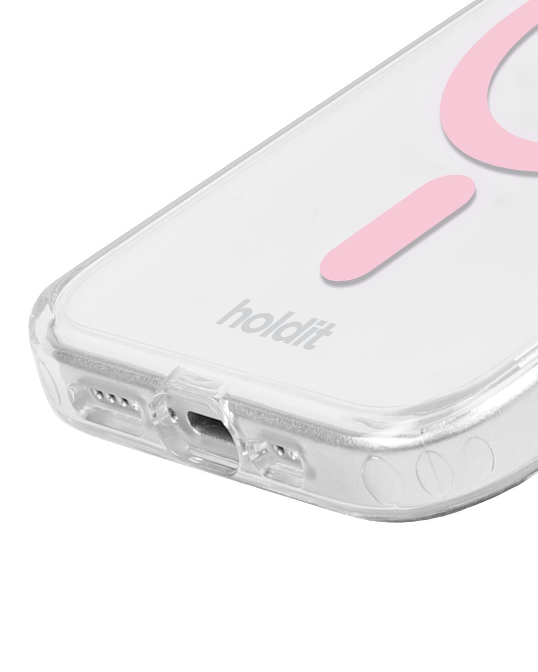 Transparente Handyhülle mit rosa Akzenten. Unten steht die Marke 'holdit'. Die Hülle hat ein klares, transparentes Aussehen.