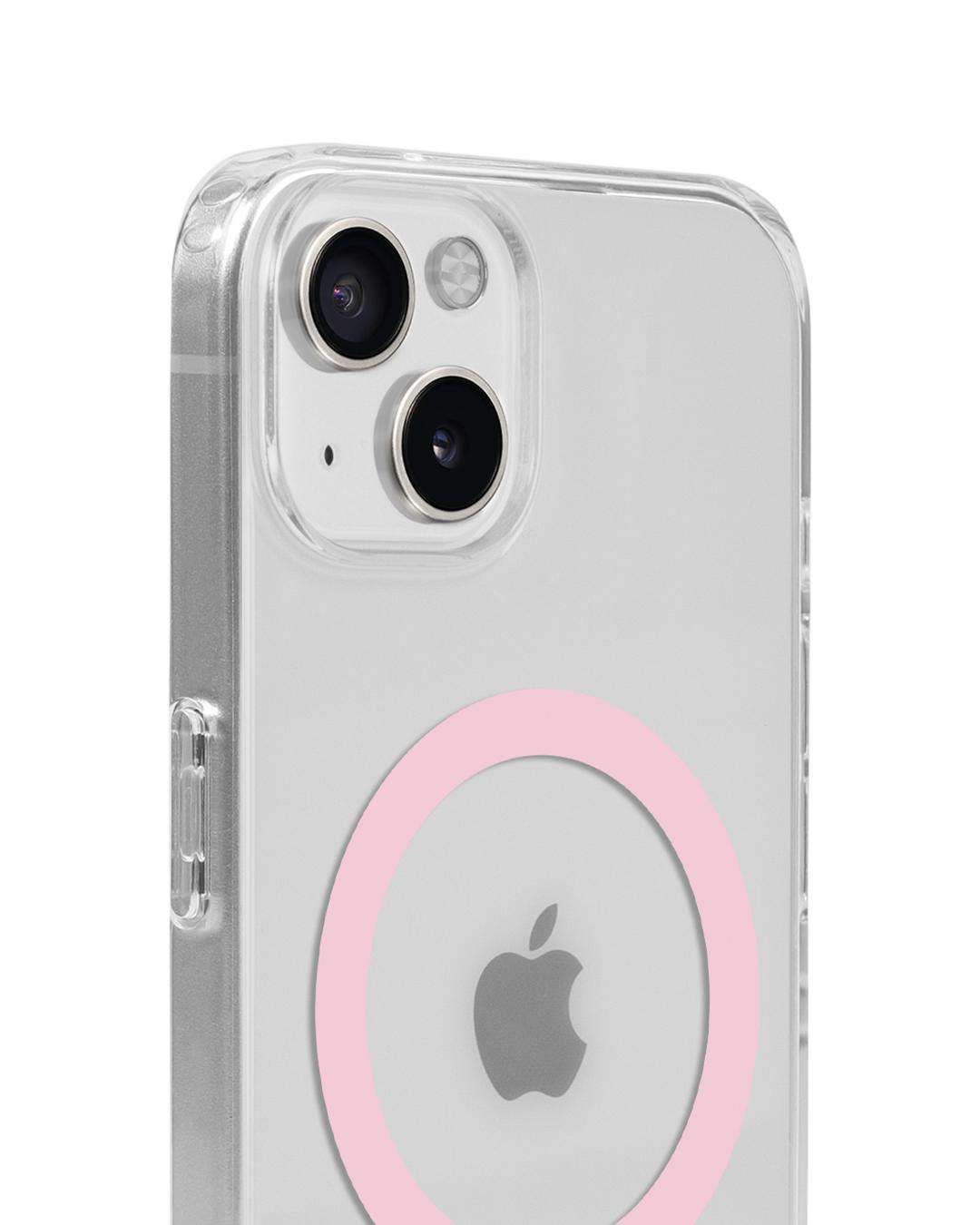 Eine transparente Handyhülle mit einem rosa Ring um das Apple-Logo. Die Hülle hat zwei Kameralinsen.
