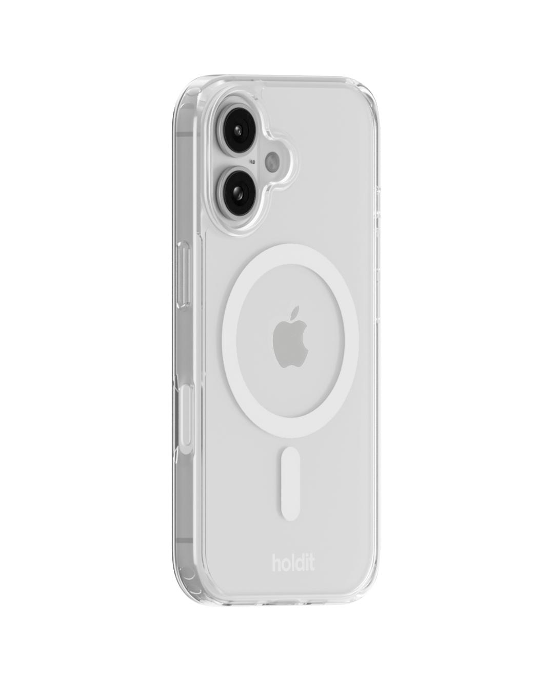 Transparente Handyhülle mit iPhone. Weißer MagSafe-Ring und Apple-Logo. Die Marke 'holdit' ist unten.