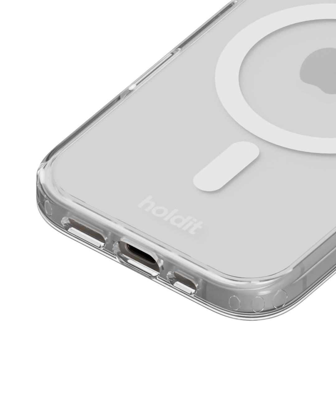 Transparente Handyhülle mit weißem Ring und Logo. Die Hülle hat einen Magnetkreis und ein kleines weißes Rechteck.
