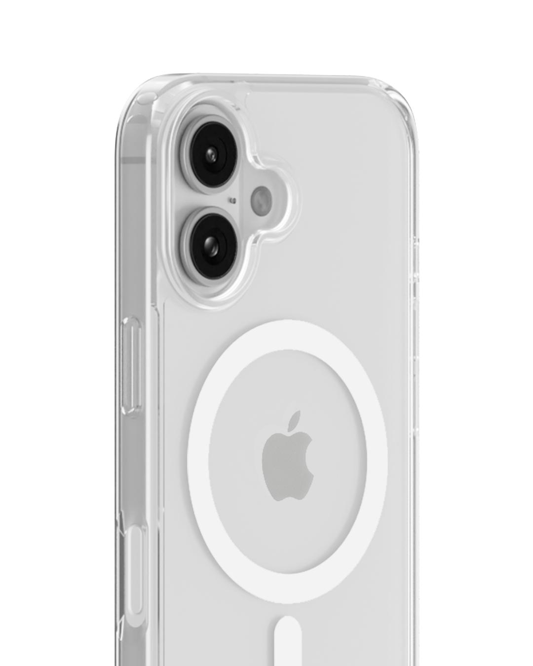 Transparente Handyhülle mit Apple-Logo, zwei Kameralinsen und einem weißen, kreisförmigen magnetischen Ladebereich. Der Hintergrund ist weiß.