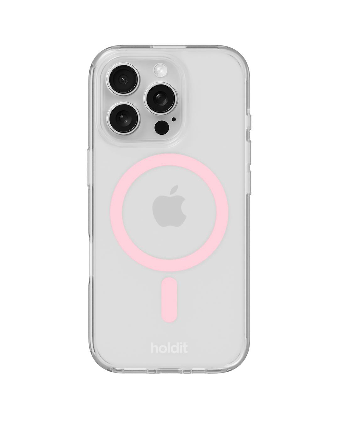 Transparente iPhone-Hülle mit rosa Akzenten. Mit Kameralinsen, einem Apple-Logo und einem rosa Kreis- und Balken-Design. Die Marke 'holdit' ist sichtbar.