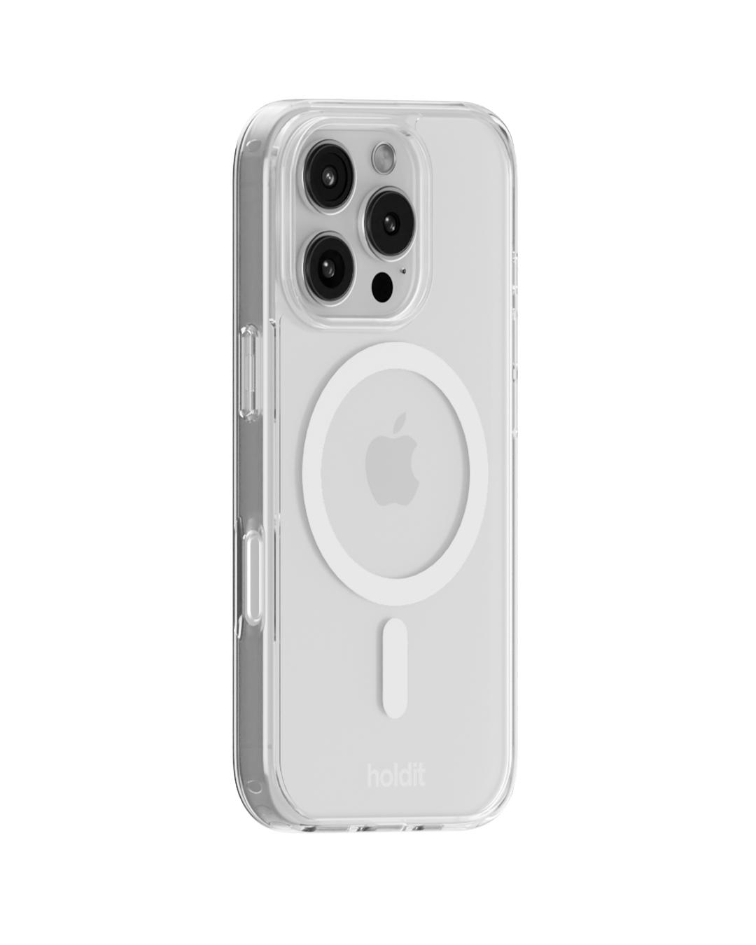 Transparente iPhone-Hülle mit mehreren Kameralinsen und einem weißen, kreisförmigen MagSafe-Ladegerät mit Apple-Logo. Die Marke 'holdit' ist sichtbar.