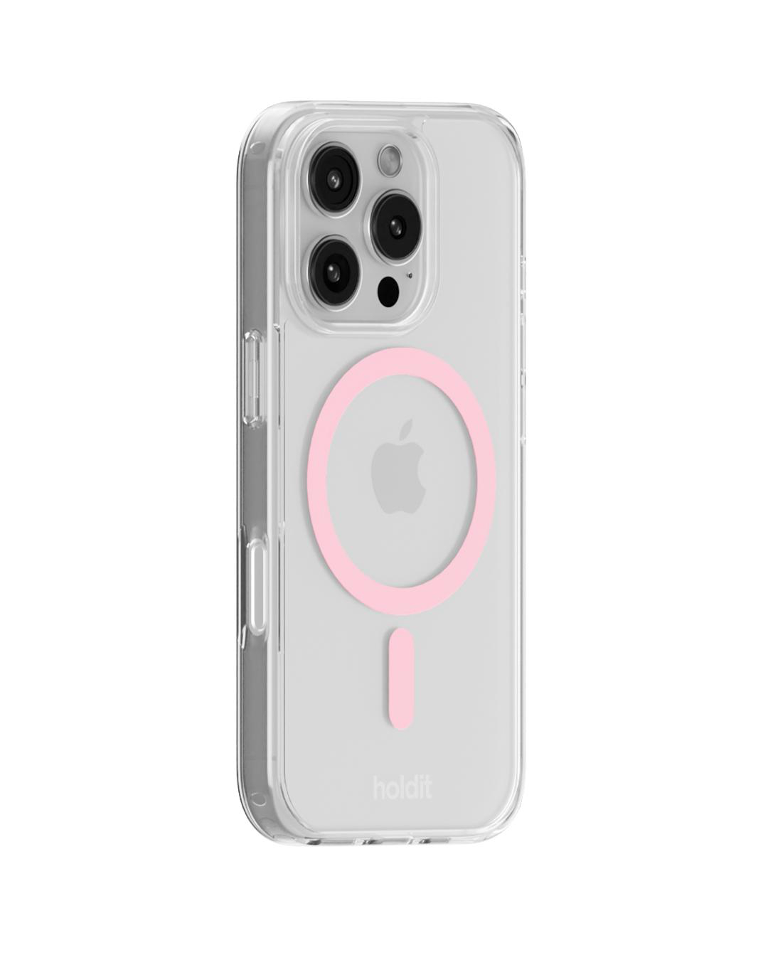 Transparente Handyhülle mit pinkem Kreis und Streifen und dem Apple-Logo. Oben sind drei Kameras sichtbar.