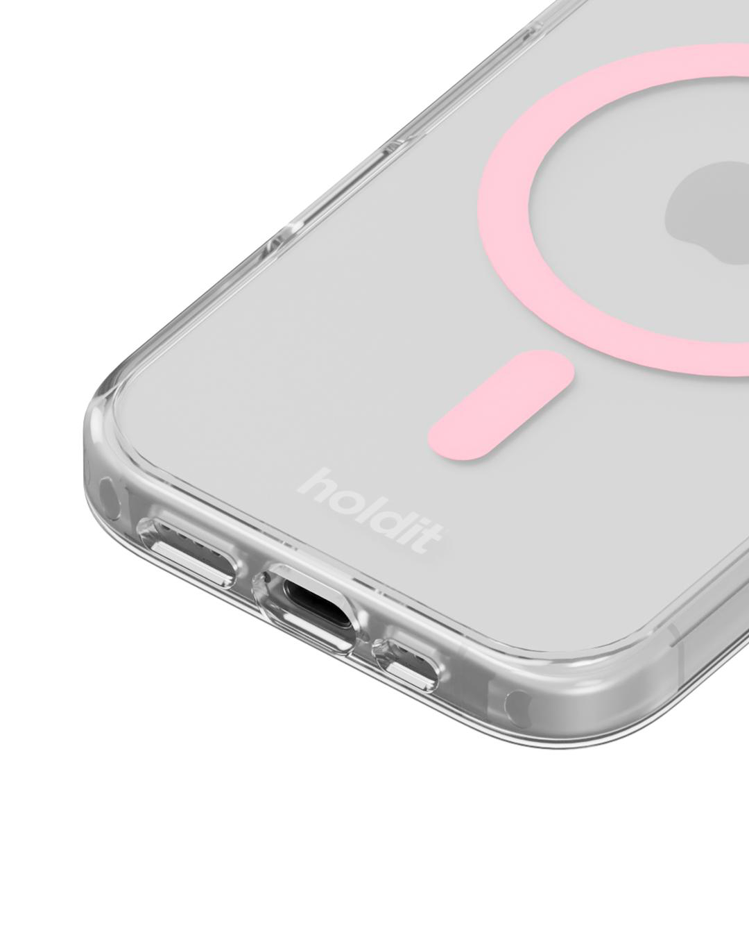 Transparente Handyhülle mit rosa Akzenten. Der Text 'holdit' ist sichtbar. Die Hülle hat eine kreisförmige und eine rechteckige rosa Form.