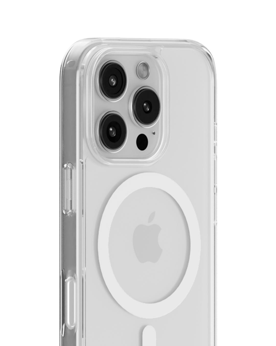 Transparente Handyhülle mit Apple-Logo und Kameralinsen. Die Hülle ist durchsichtig und zeigt die Rückseite des Telefons.