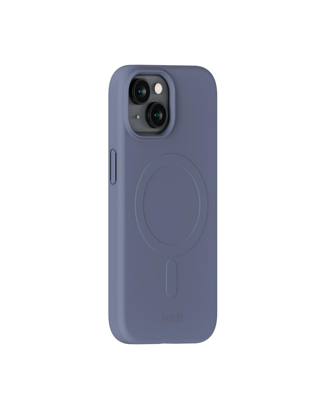 Eine blaue Handyhülle mit sichtbarer Kamera oben, einem kreisförmigen Design in der Mitte und dem Markennamen 'holdit' unten.