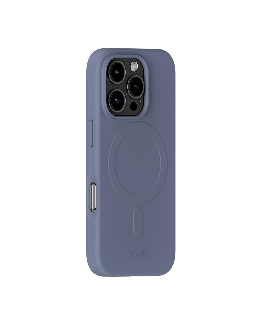 Eine blaue Handyhülle für ein iPhone. Sie hat ein kreisförmiges Magnetdesign auf der Rückseite und einen Kameraausschnitt. Der Markenname 'holdit' ist sichtbar.