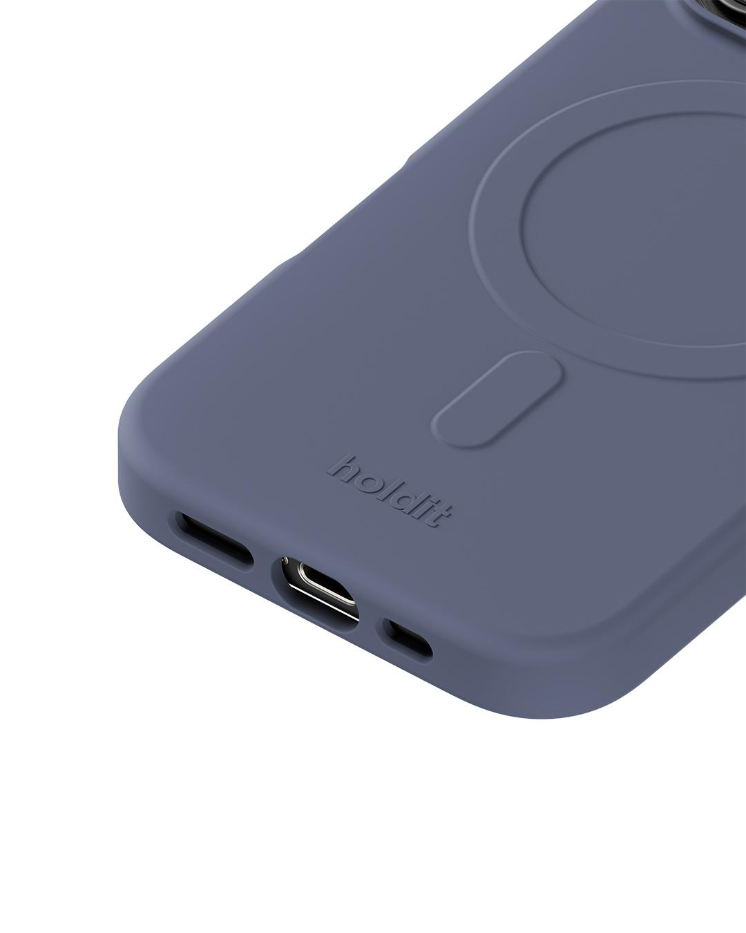 Nahaufnahme einer blauen Handyhülle mit dem Markennamen 'holdit'. Die Hülle hat ein kreisförmiges Design und Anschlussöffnungen.