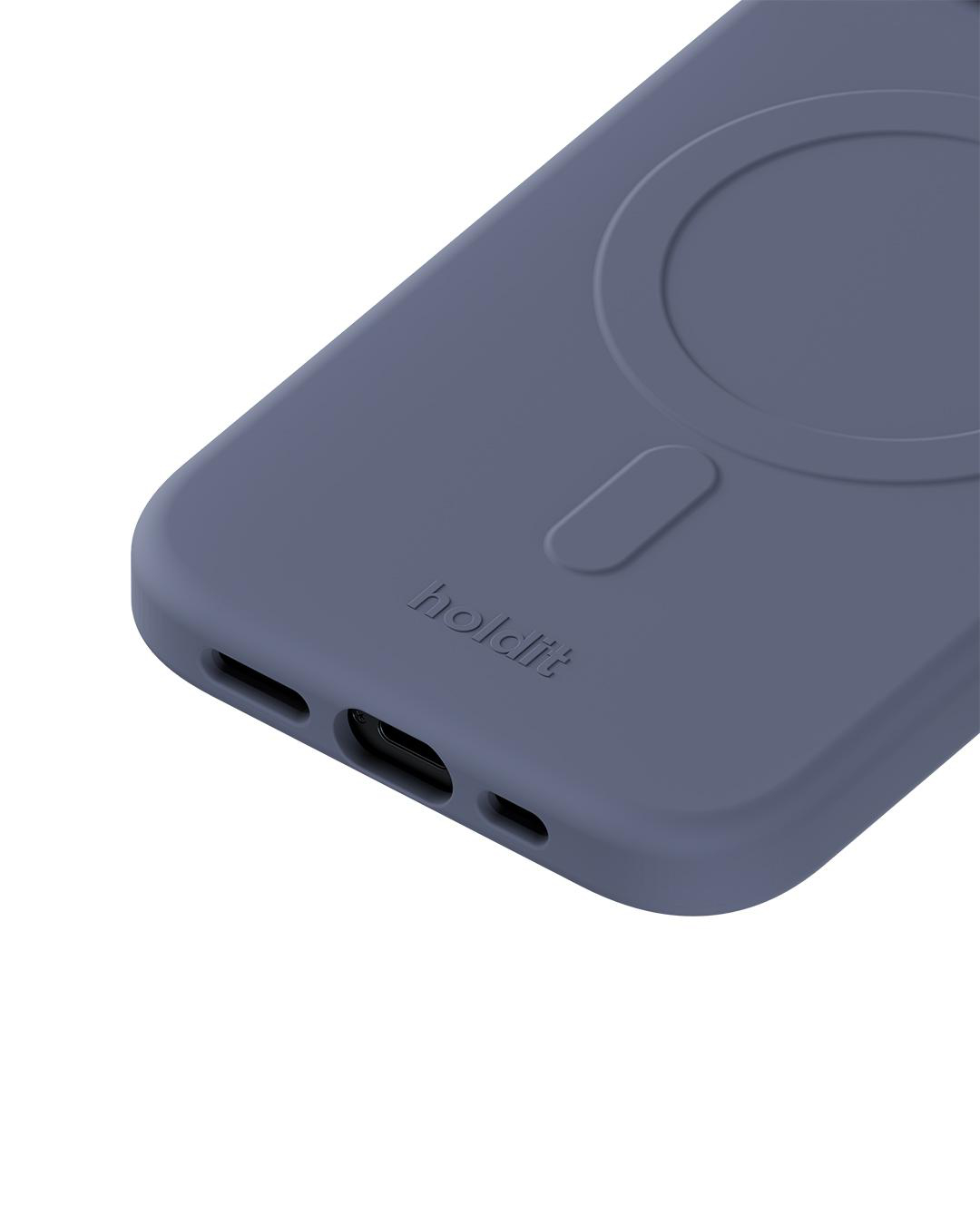 Nahaufnahme einer blauen Handyhülle mit dem Wort 'holdit'. Die Hülle hat ein kreisförmiges Design und einen Ladeanschluss.