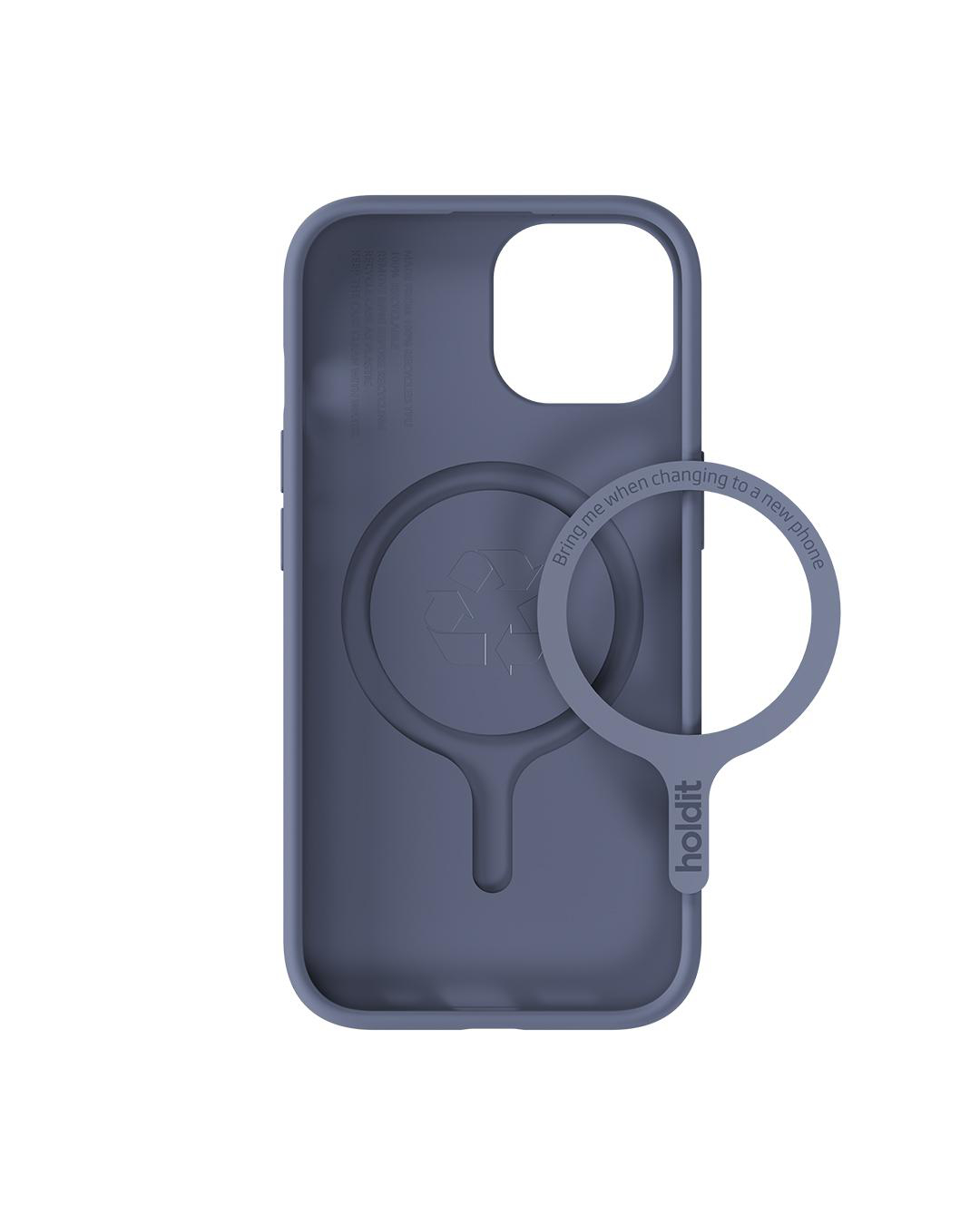 Eine blaue Handyhülle mit Griff. Die Hülle hat einen Ausschnitt für die Kamera und ein Recycling-Symbol.