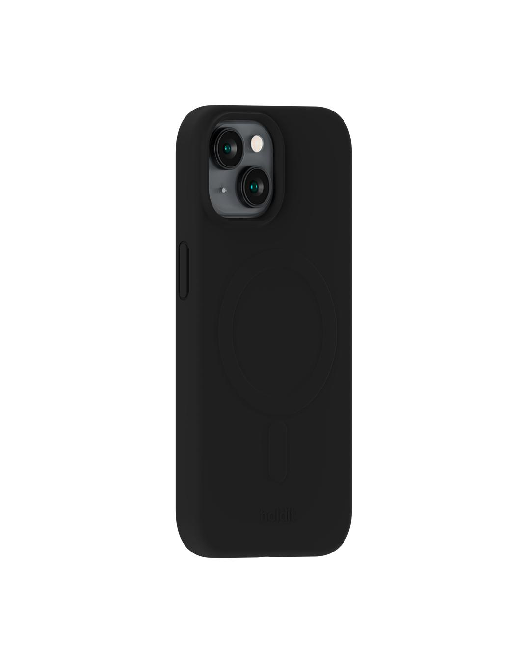 Eine schwarze Handyhülle mit kreisförmigem Design und Kameralinsen auf weißem Hintergrund.