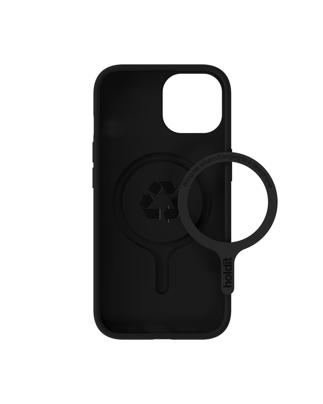 Schwarze Handyhülle mit rundem Ring und dem Markennamen 'holdit'. Text: 'Bring me when changing to a new phone'.
