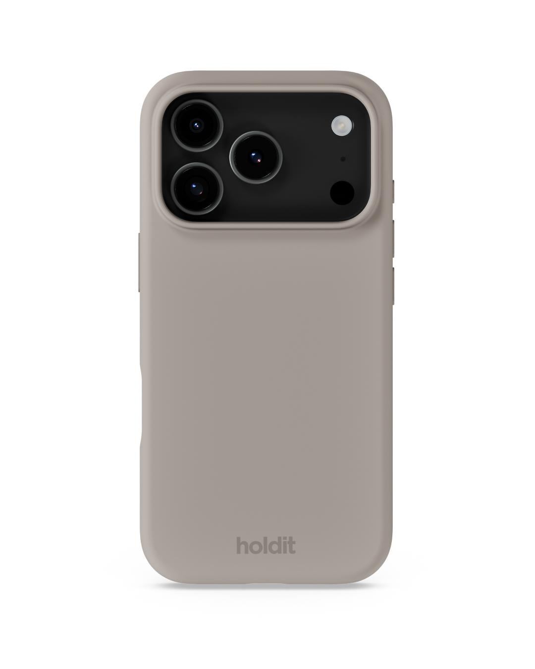 Eine beige Handyhülle mit drei Kameralinsen, einem Blitz und dem Logo 'holdit'.