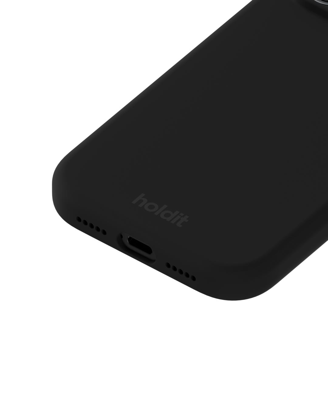 Eine schwarze Handyhülle mit dem Markennamen 'holdit'. Die Hülle befindet sich auf weißem Hintergrund und zeigt die Unter- und Seite.