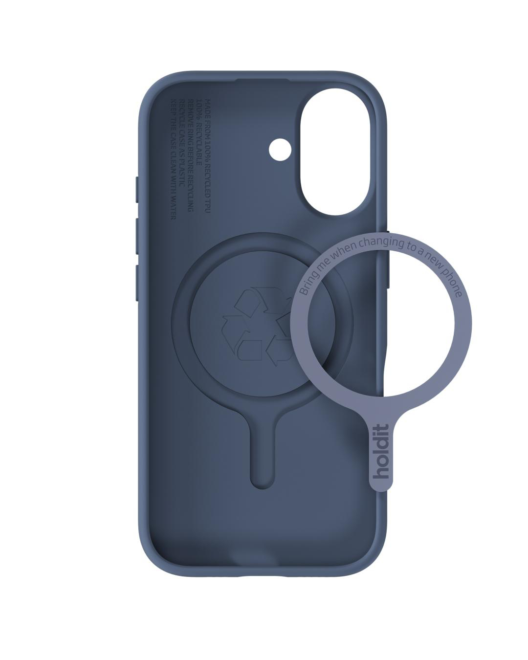 Eine blaue Handyhülle mit rundem Halter und dem Text 'Bring me when changing to a new phone'. Es steht 'holdit'.