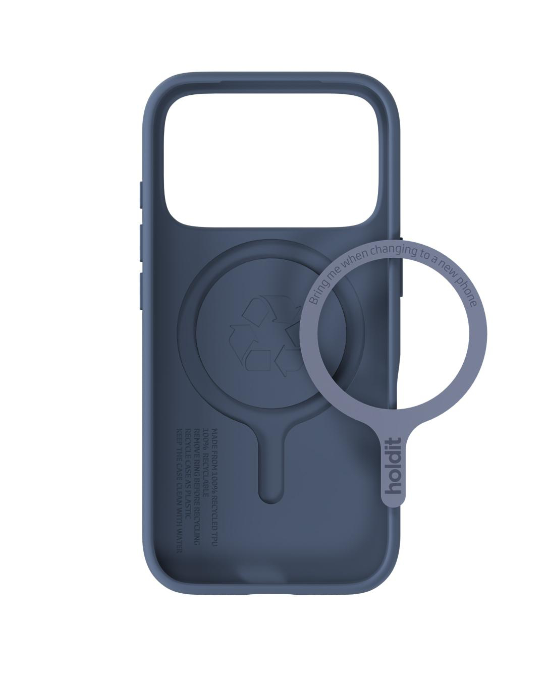 Eine dunkelblaue Handyhülle mit einem Ring. Auf der Hülle steht: 'Hergestellt aus 100 % recyceltem TPU' und 'Bring mich mit, wenn du zu einem neuen Handy wechselst'.