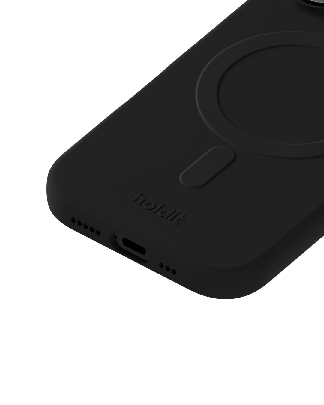 Nahaufnahme einer schwarzen Handyhülle. Die Hülle hat ein kreisförmiges Design, und das Wort 'holdit' ist aufgedruckt.