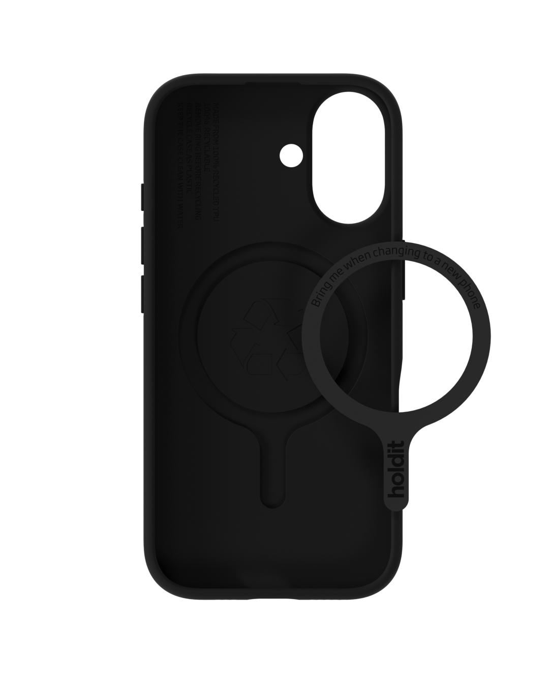 Schwarze Handyhülle mit Ring. Auf dem Ring steht: „Bring mich, wenn du zu einem neuen Telefon wechselst“. Die Hülle hat ein Recycling-Logo.