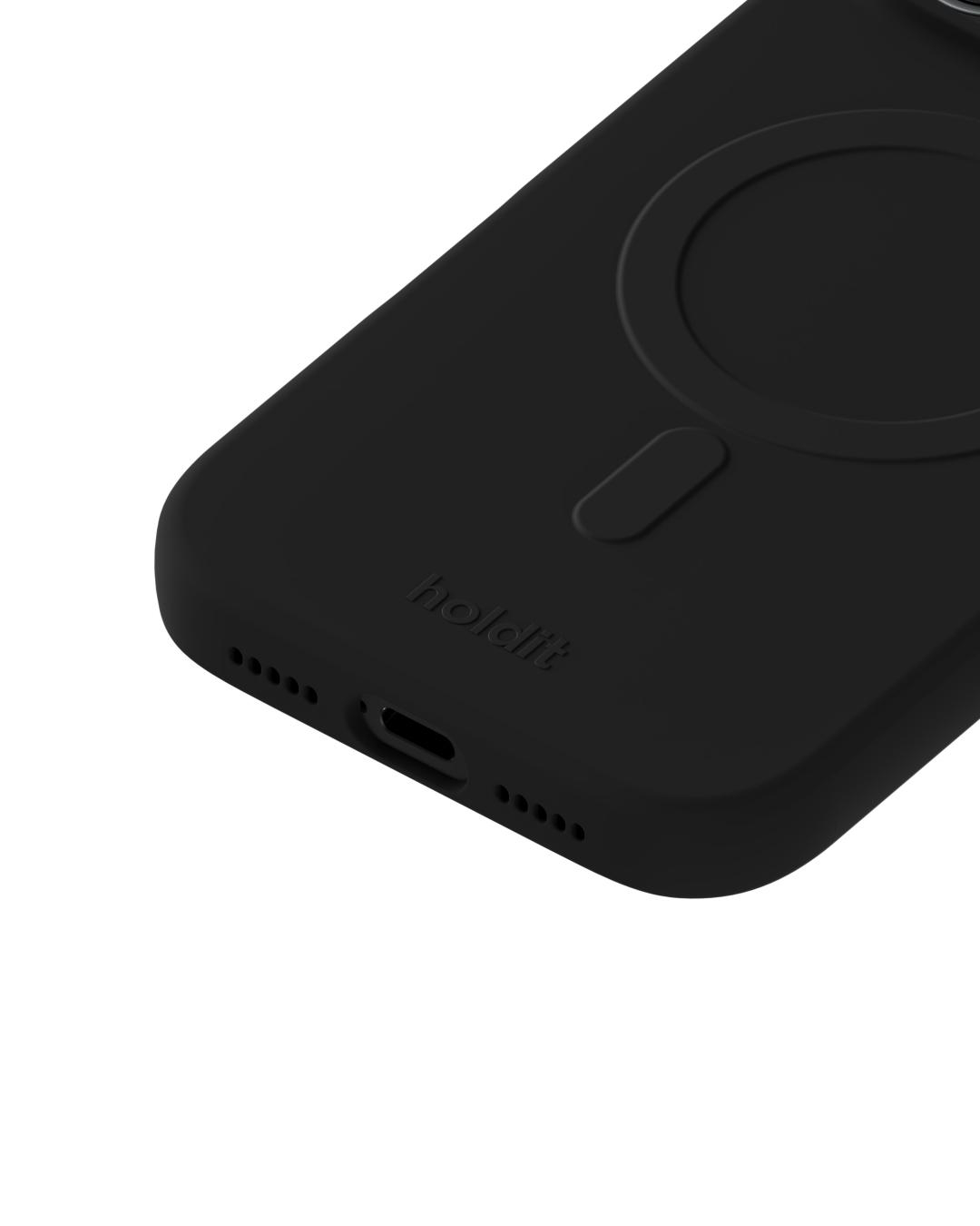 Eine schwarze Handyhülle mit einem kreisförmigen MagSafe und dem Text 'holdit'. Die Hülle befindet sich auf weißem Hintergrund.
