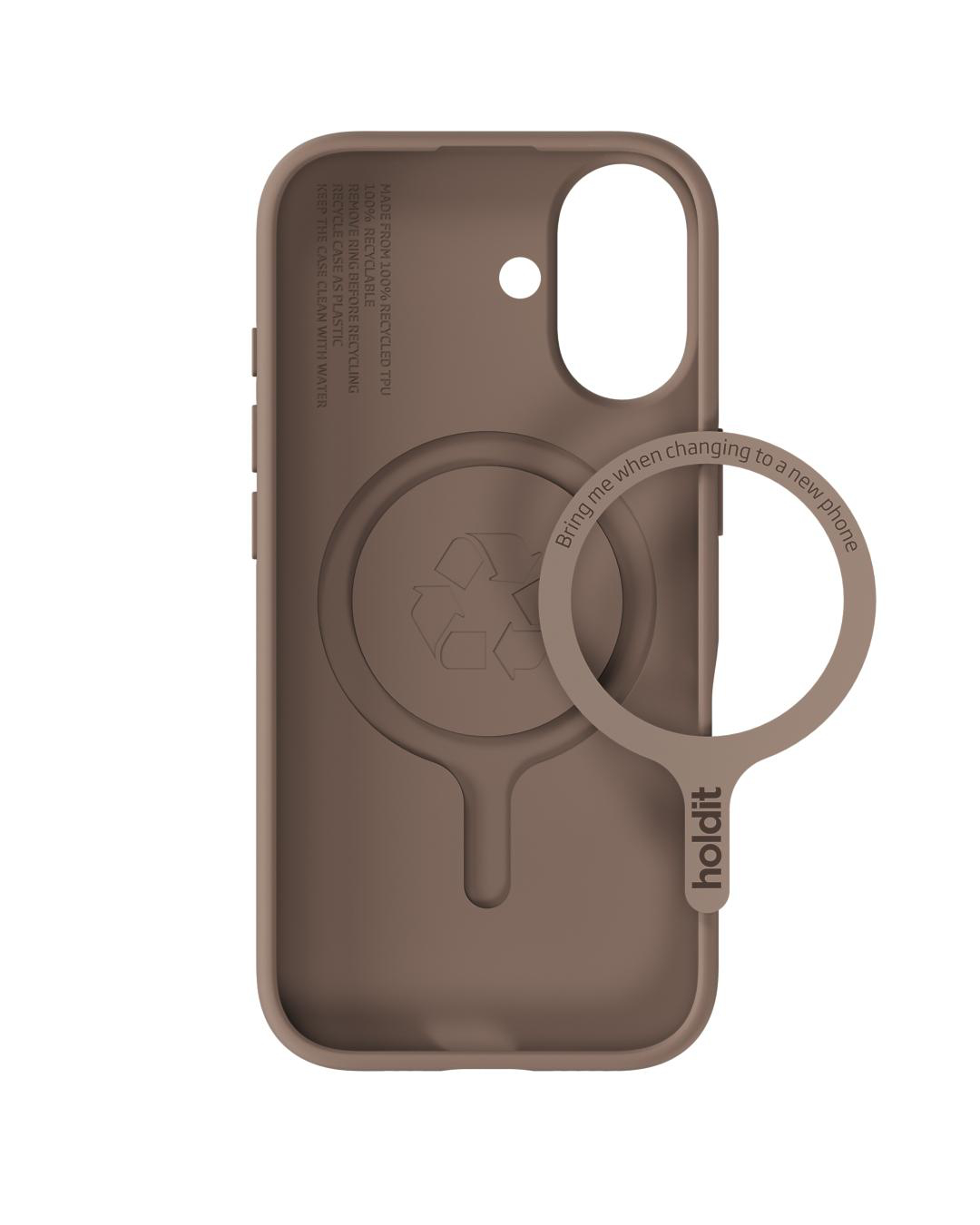 Eine braune Handyhülle mit Ring. Text enthält Recycling-Infos und 'Bring mich, wenn du zu einem neuen Handy wechselst'. Die Marke 'holdit'.