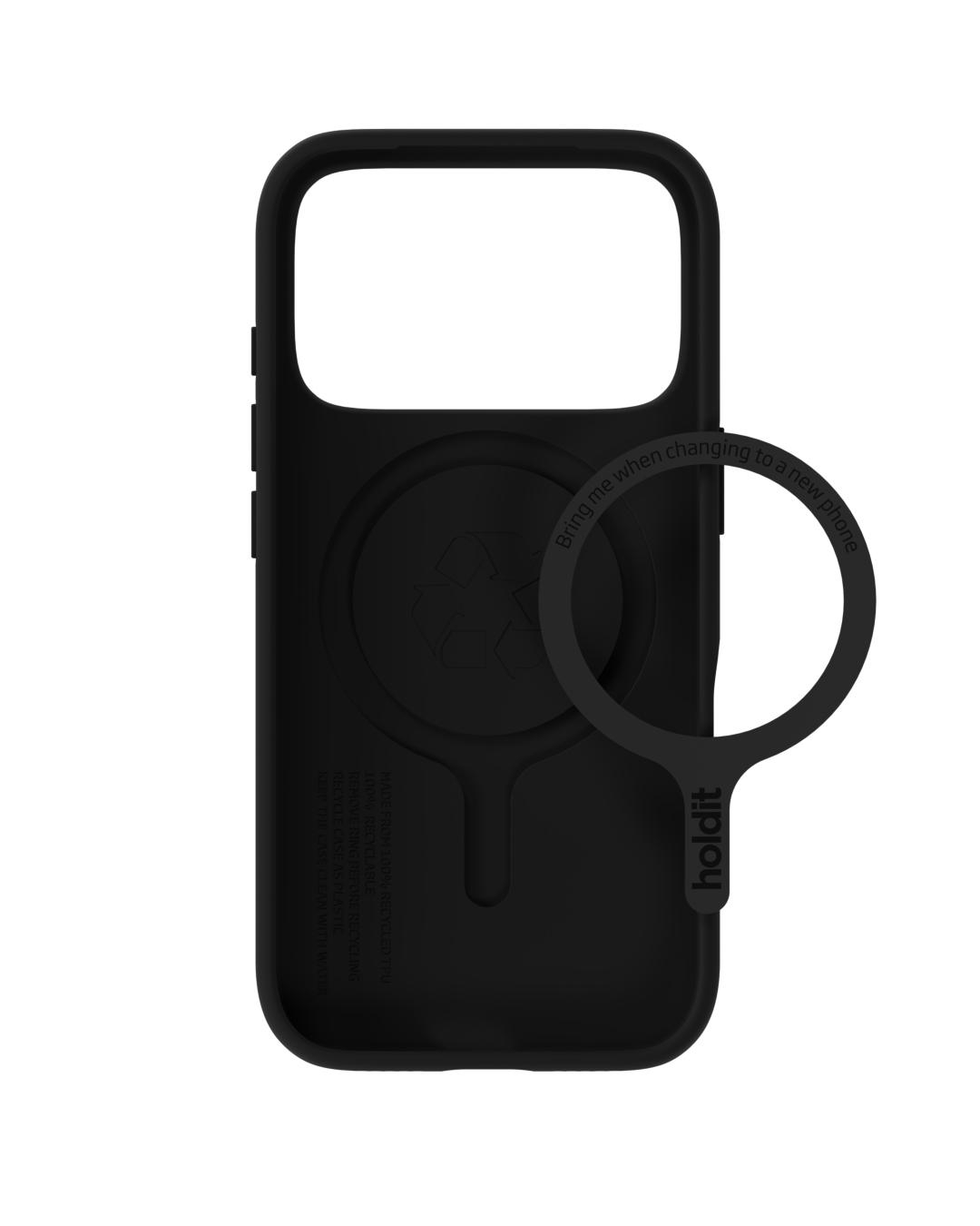 Schwarze Handyhülle mit einem Recycling-Symbol und einem Ring. Text: "Bring mich, wenn du zu einem neuen Handy wechselst" und "holdit".