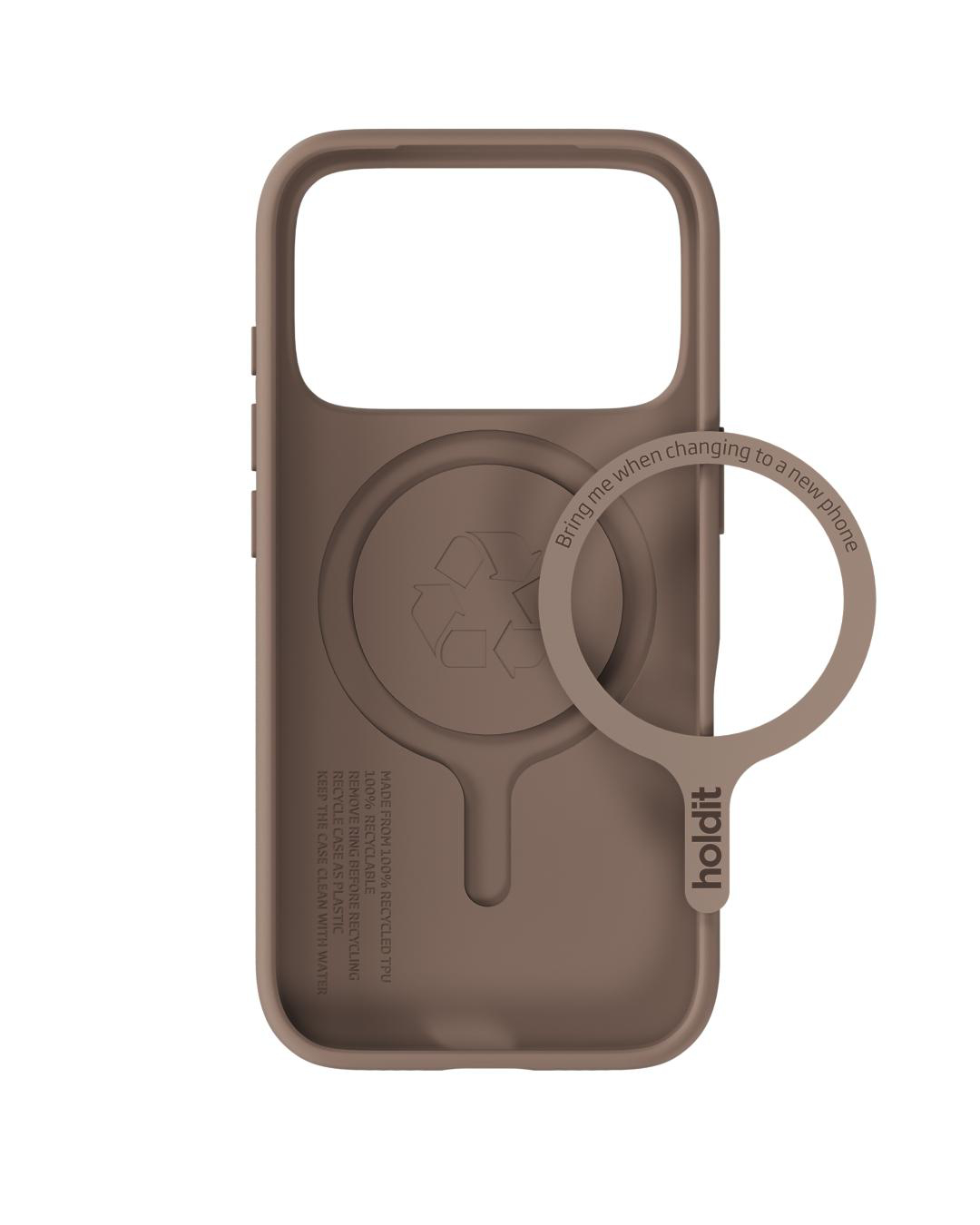 Eine braune Handyhülle mit Recycling-Symbol, Ring mit Text 'Bring mich beim Wechsel zu einem neuen Telefon' und 'holdit'-Logo.