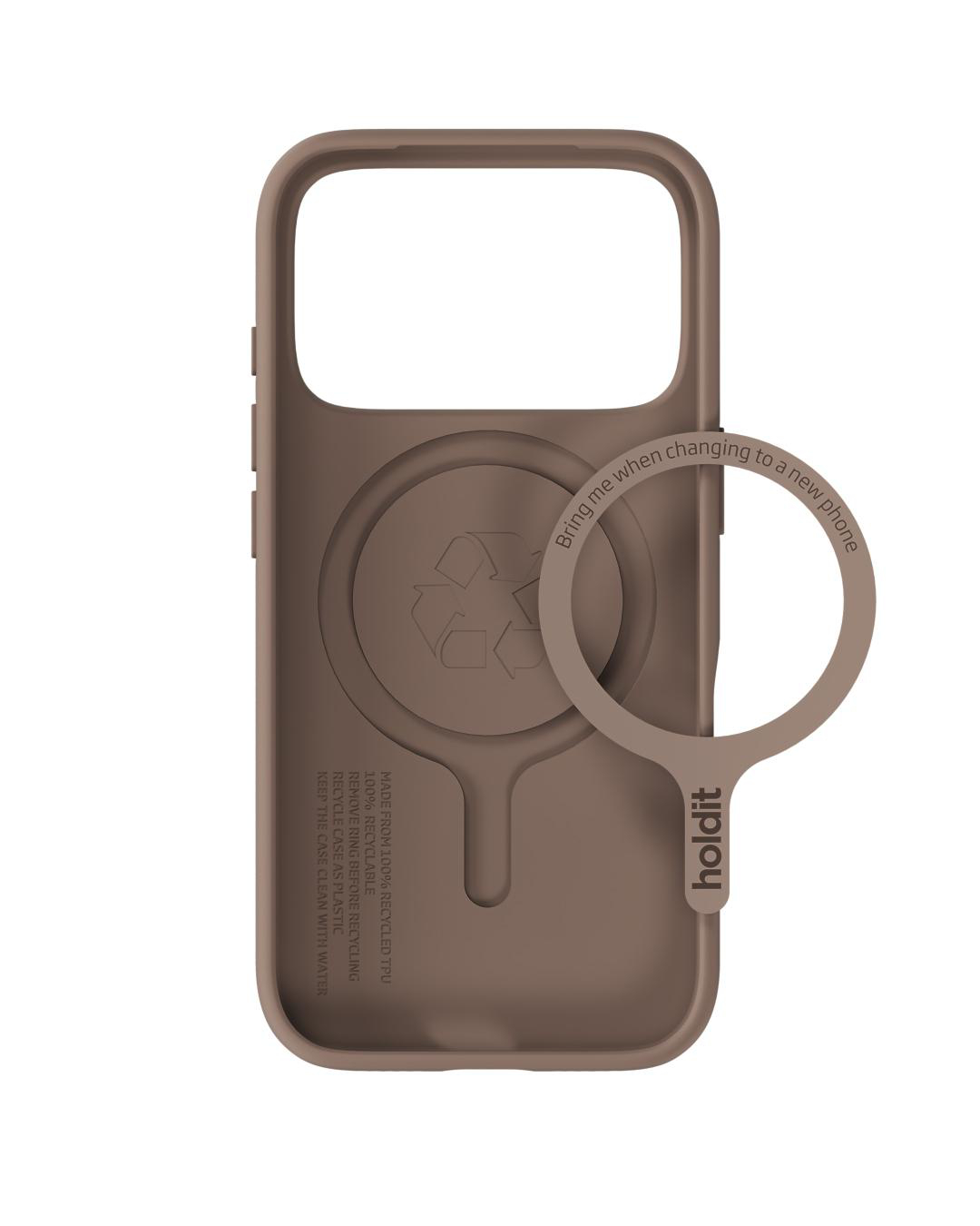 Eine braune Handyhülle mit kreisförmigem Ständer. Der Text lautet: 'Bring mich, wenn du zu einem neuen Handy wechselst'. Die Hülle besteht aus recyceltem TPU.