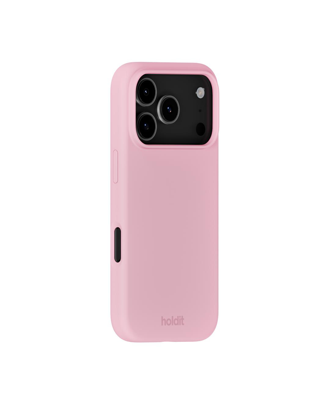 Eine rosa Handyhülle mit drei Kameralinsen. Die Hülle hat einen Knopf und den Markennamen 'holdit' unten.