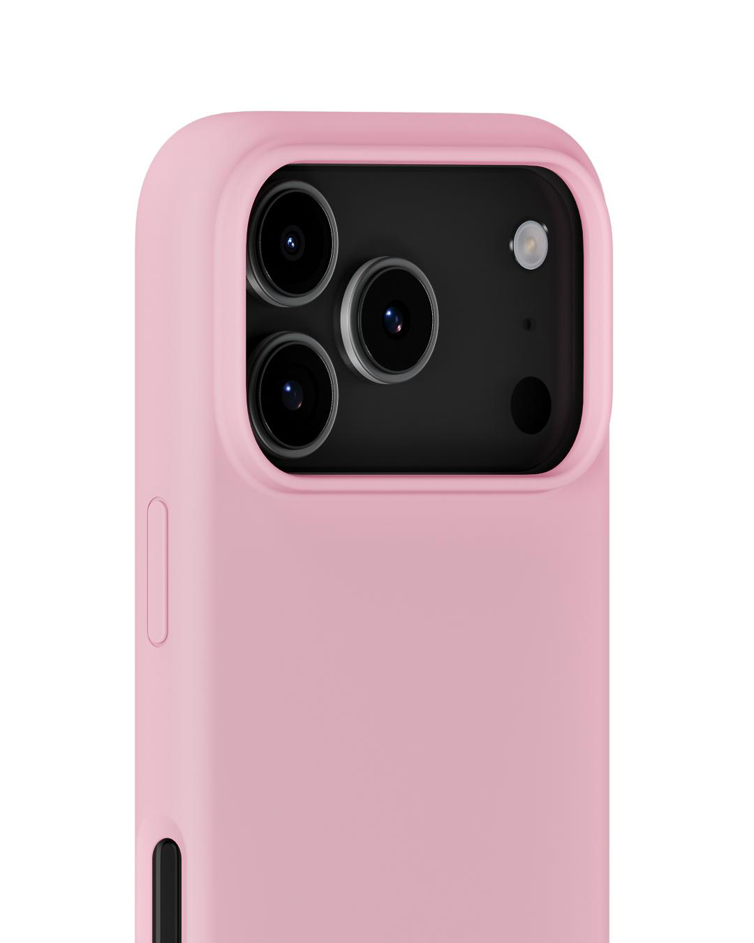 Eine rosa Handyhülle mit schwarzem Kamerabuckel. Drei Kameralinsen und ein Blitz sind sichtbar. Die Hülle hat eine Lautstärketaste und einen Stummschalter.