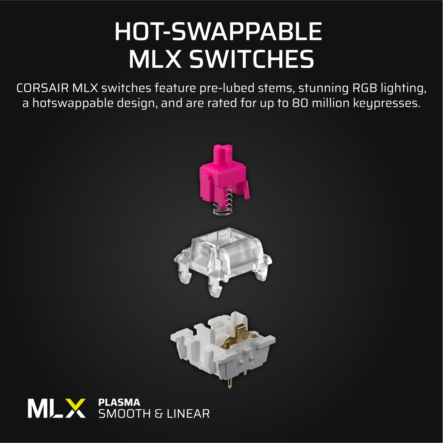 An exploded view of a hot-swappable keyboard switch. A pink switch is above a clear housing, above a white base.