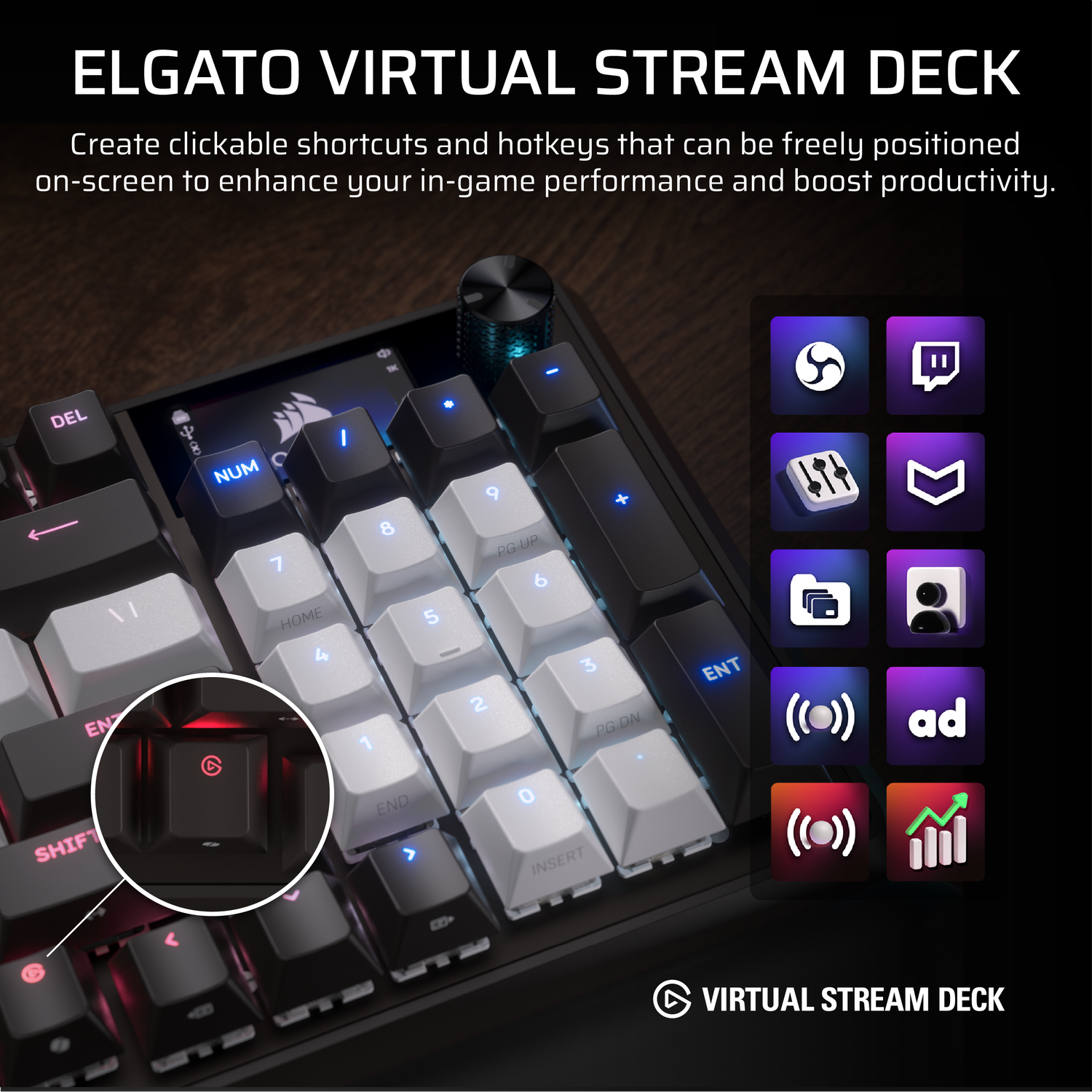 A keyboard with white and black keys, some with numbers and symbols, and a close-up of a key with a red Elgato logo.